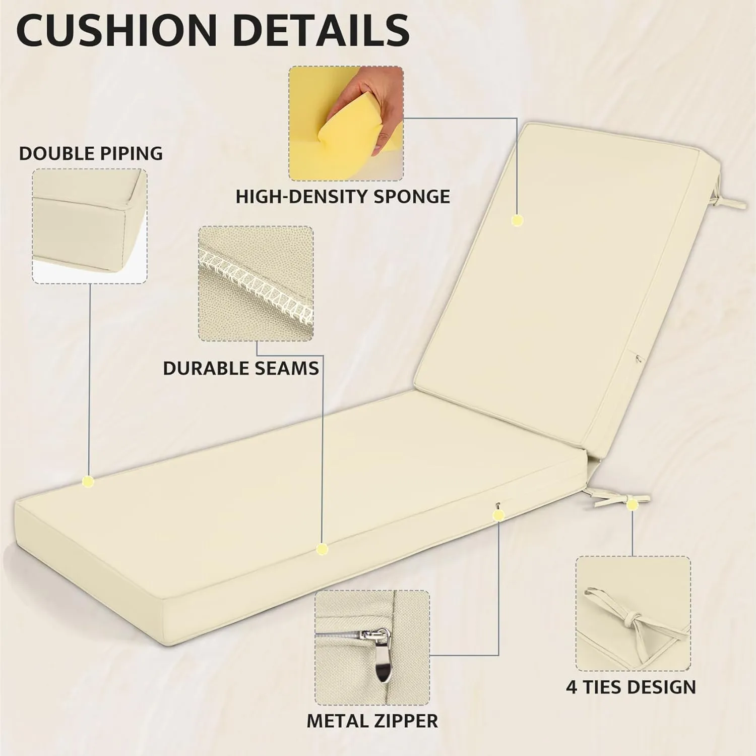 mudilun Lounge Chair Cushion Water Proof Outdoor Lounge Chair Cushions with Ties Non-Slip Chaise Lounge Cushion Removable Patio Seat Cushions for Garden Pool Beach Lounge (Beige)