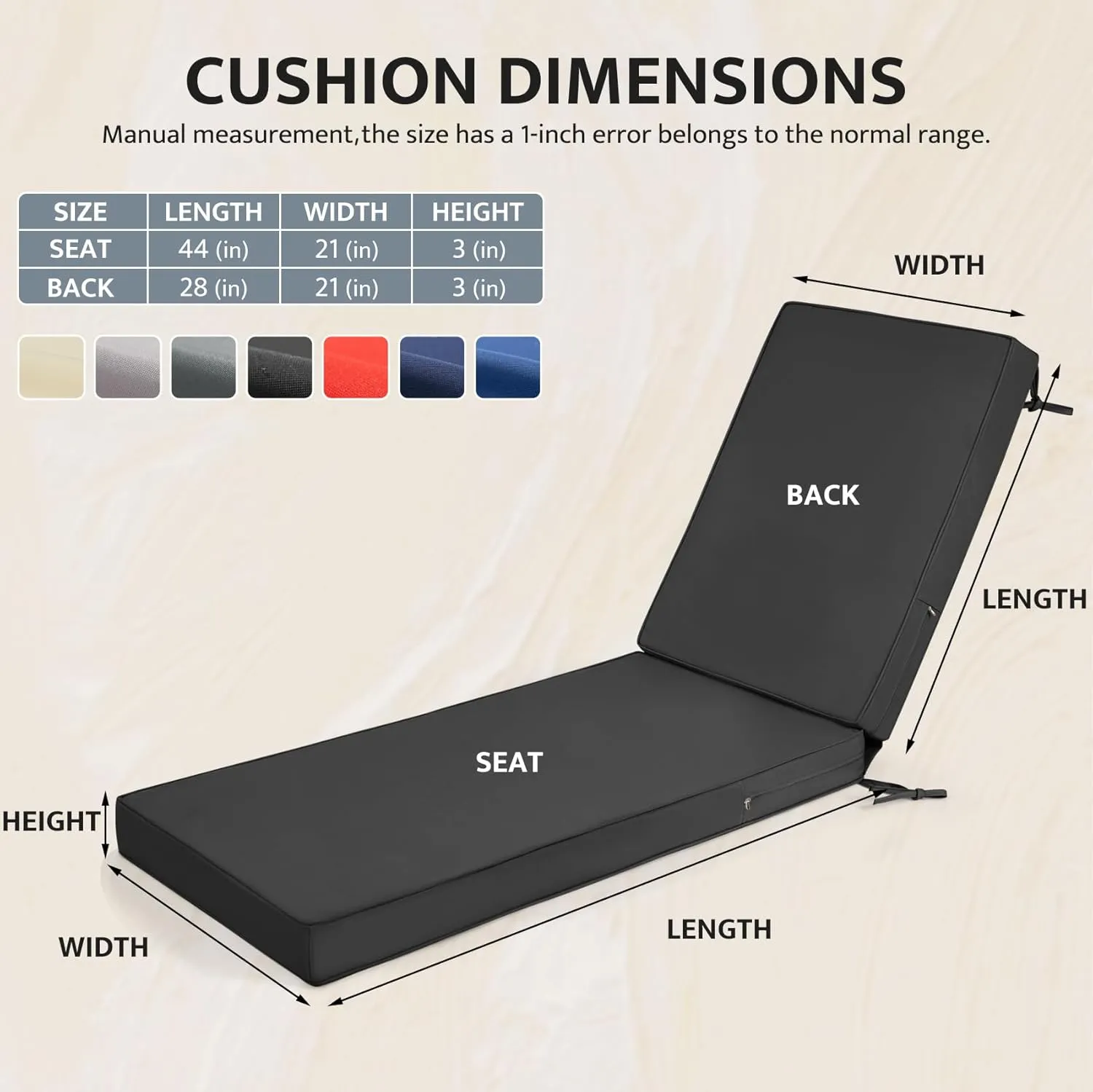 mudilun Lounge Chair Cushion Water Proof Outdoor Lounge Chair Cushions with Ties Non-Slip Chaise Lounge Cushion Removable Patio Seat Cushions for Garden Pool Beach Lounge (Black)
