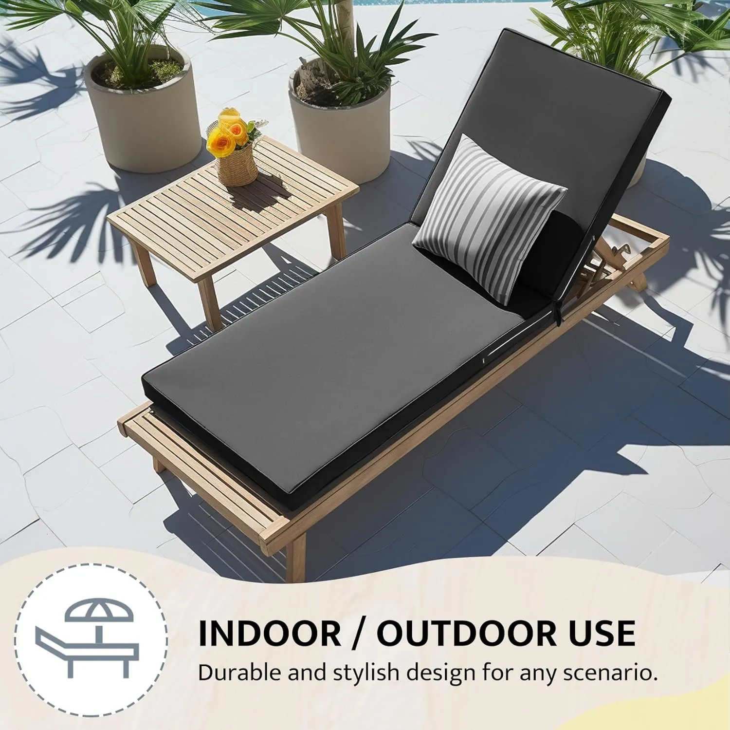 mudilun Lounge Chair Cushion Water Proof Outdoor Lounge Chair Cushions with Ties Non-Slip Chaise Lounge Cushion Removable Patio Seat Cushions for Garden Pool Beach Lounge (Black)