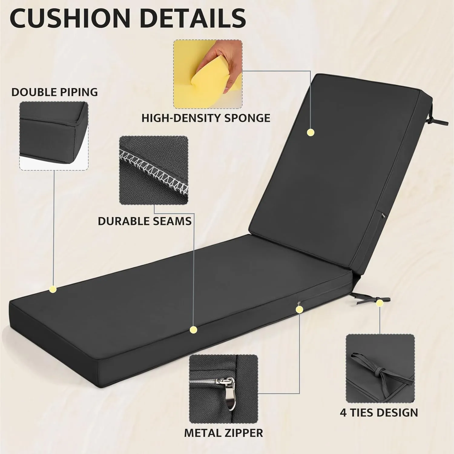 mudilun Lounge Chair Cushion Water Proof Outdoor Lounge Chair Cushions with Ties Non-Slip Chaise Lounge Cushion Removable Patio Seat Cushions for Garden Pool Beach Lounge (Black)
