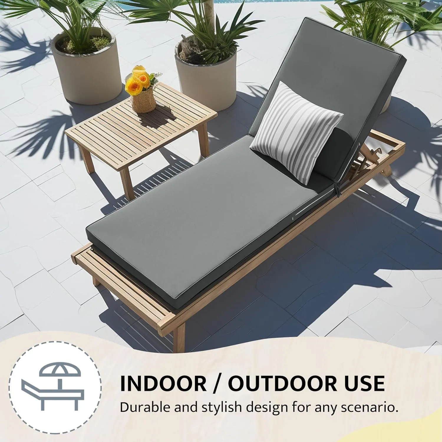 mudilun Lounge Chair Cushion Water Proof Outdoor Lounge Chair Cushions with Ties Non-Slip Chaise Lounge Cushion Removable Patio Seat Cushions for Garden Pool Beach Lounge (Dark Gray)