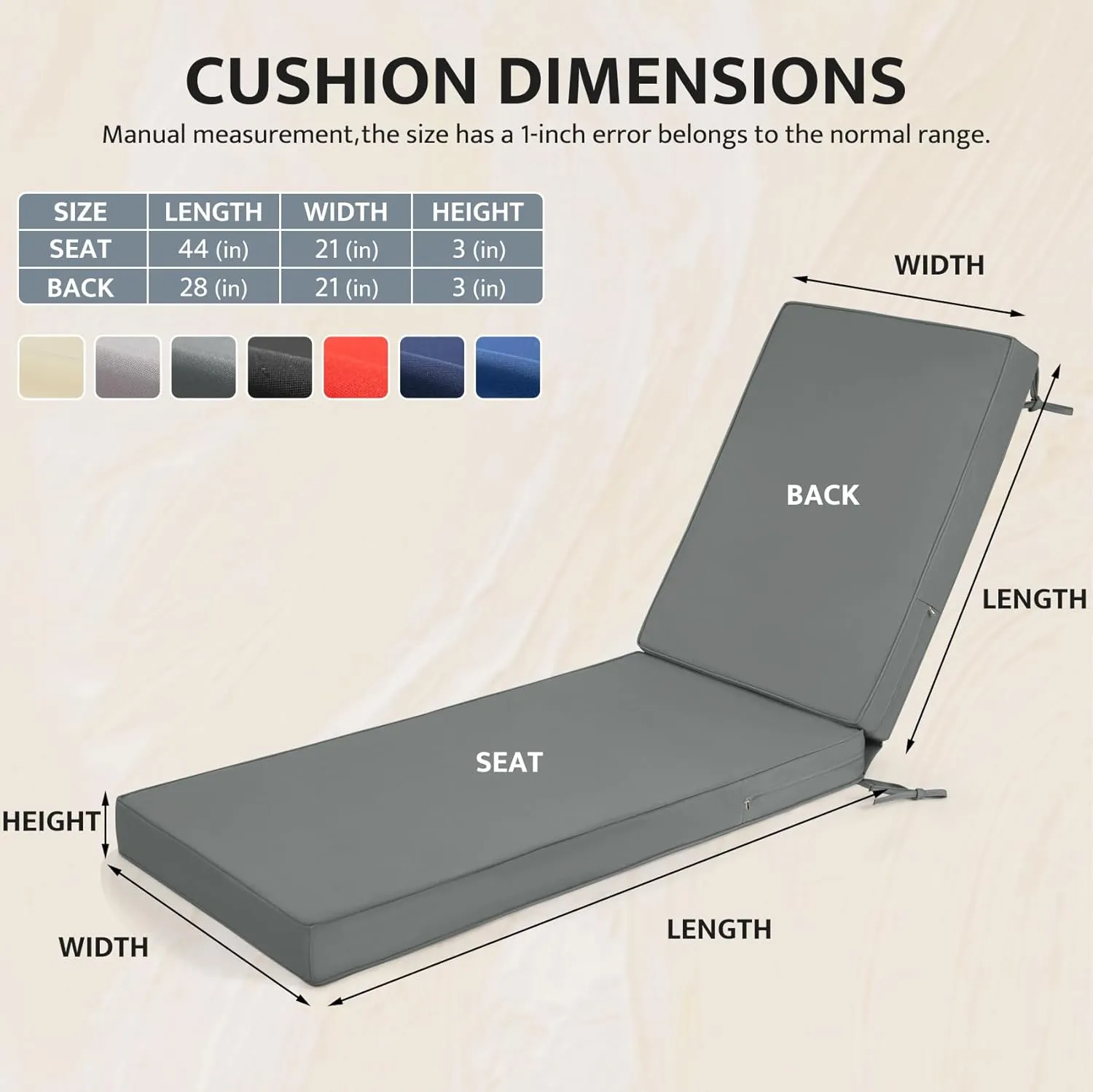 mudilun Lounge Chair Cushion Water Proof Outdoor Lounge Chair Cushions with Ties Non-Slip Chaise Lounge Cushion Removable Patio Seat Cushions for Garden Pool Beach Lounge (Dark Gray)