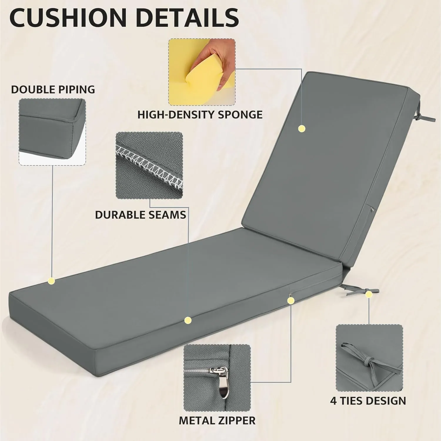 mudilun Lounge Chair Cushion Water Proof Outdoor Lounge Chair Cushions with Ties Non-Slip Chaise Lounge Cushion Removable Patio Seat Cushions for Garden Pool Beach Lounge (Dark Gray)