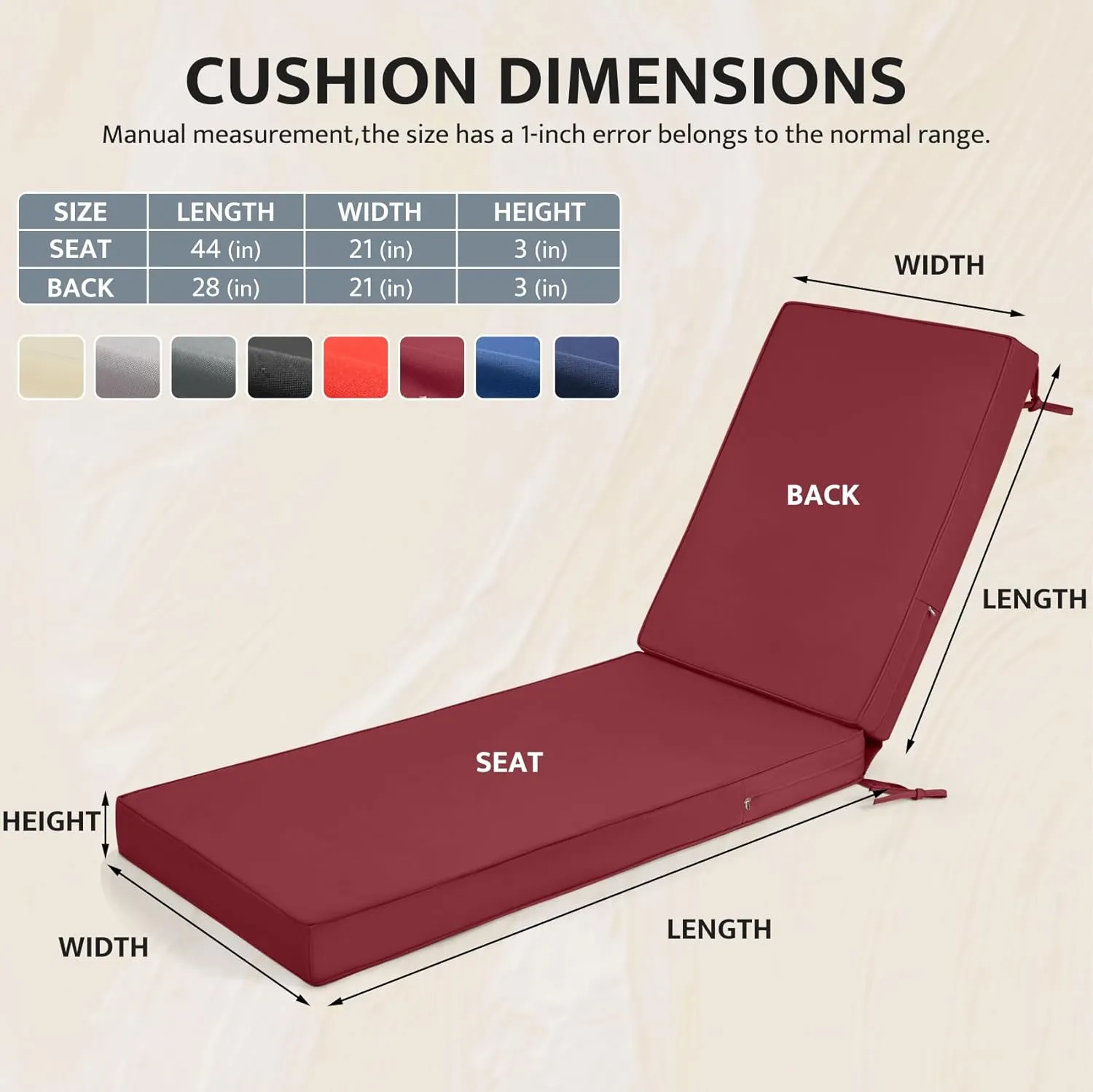 mudilun Lounge Chair Cushion Water Proof Outdoor Lounge Chair Cushions with Ties Non-Slip Chaise Lounge Cushion Removable Patio Seat Cushions for Garden Pool Beach Lounge (Dark Red)