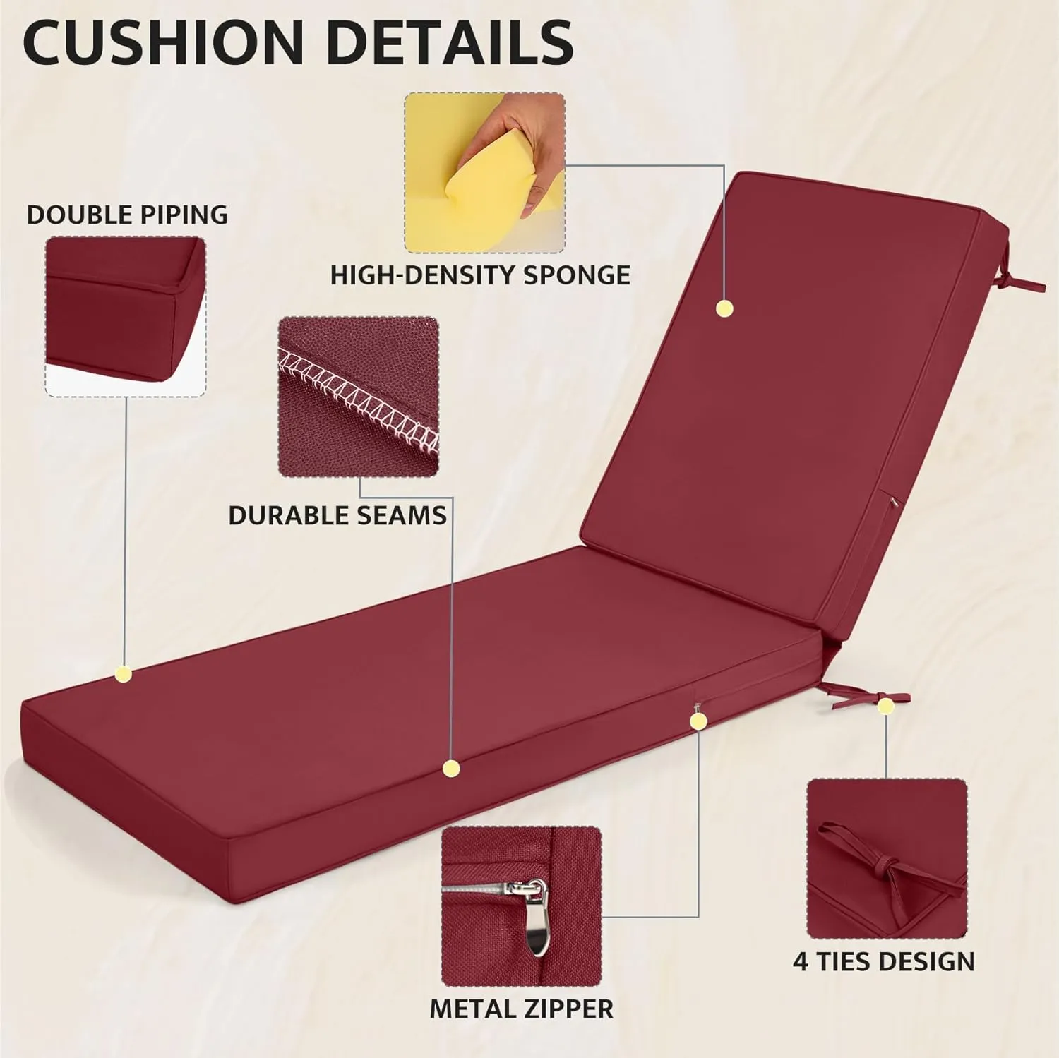 mudilun Lounge Chair Cushion Water Proof Outdoor Lounge Chair Cushions with Ties Non-Slip Chaise Lounge Cushion Removable Patio Seat Cushions for Garden Pool Beach Lounge (Dark Red)