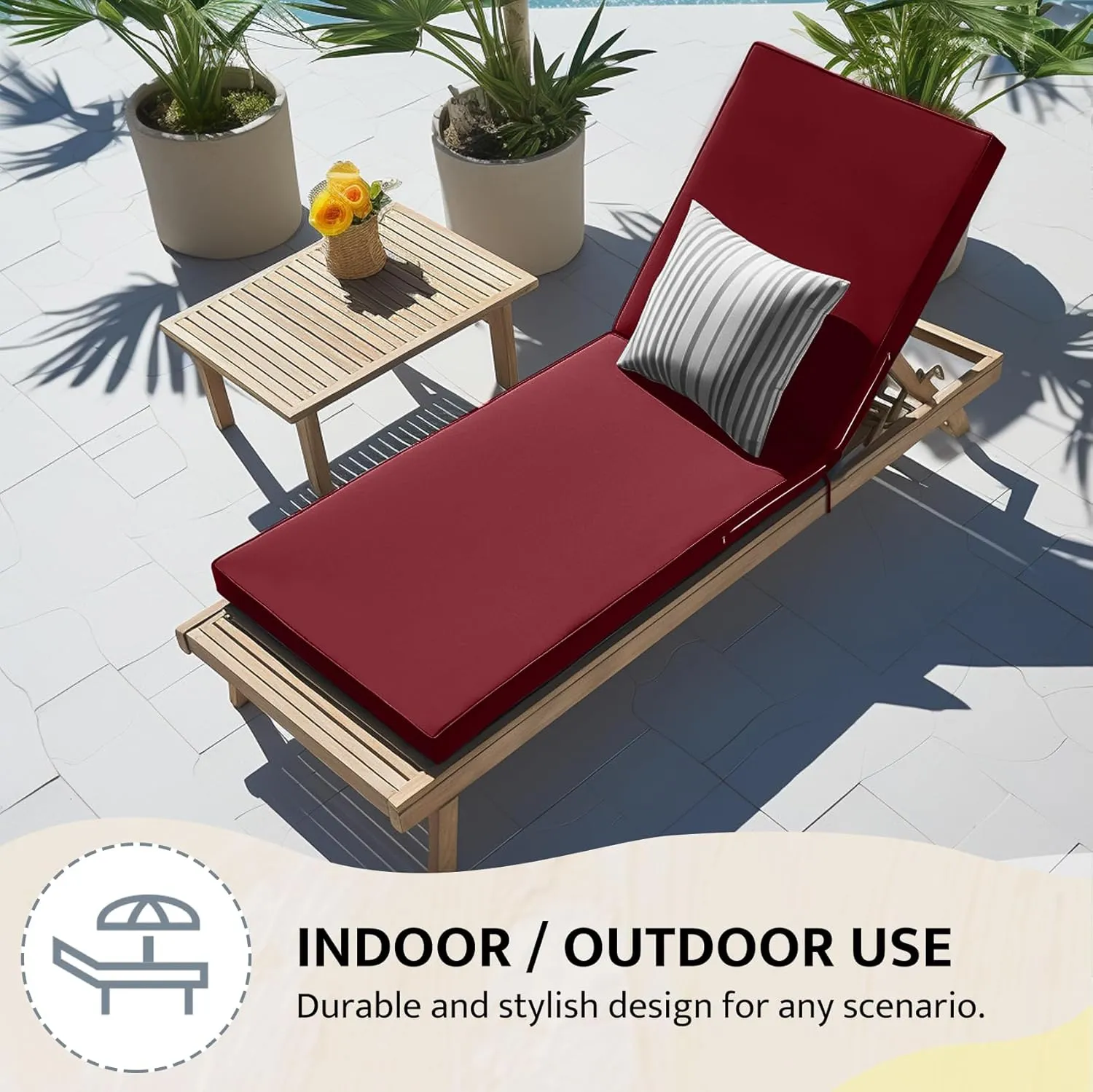 mudilun Lounge Chair Cushion Water Proof Outdoor Lounge Chair Cushions with Ties Non-Slip Chaise Lounge Cushion Removable Patio Seat Cushions for Garden Pool Beach Lounge (Dark Red)