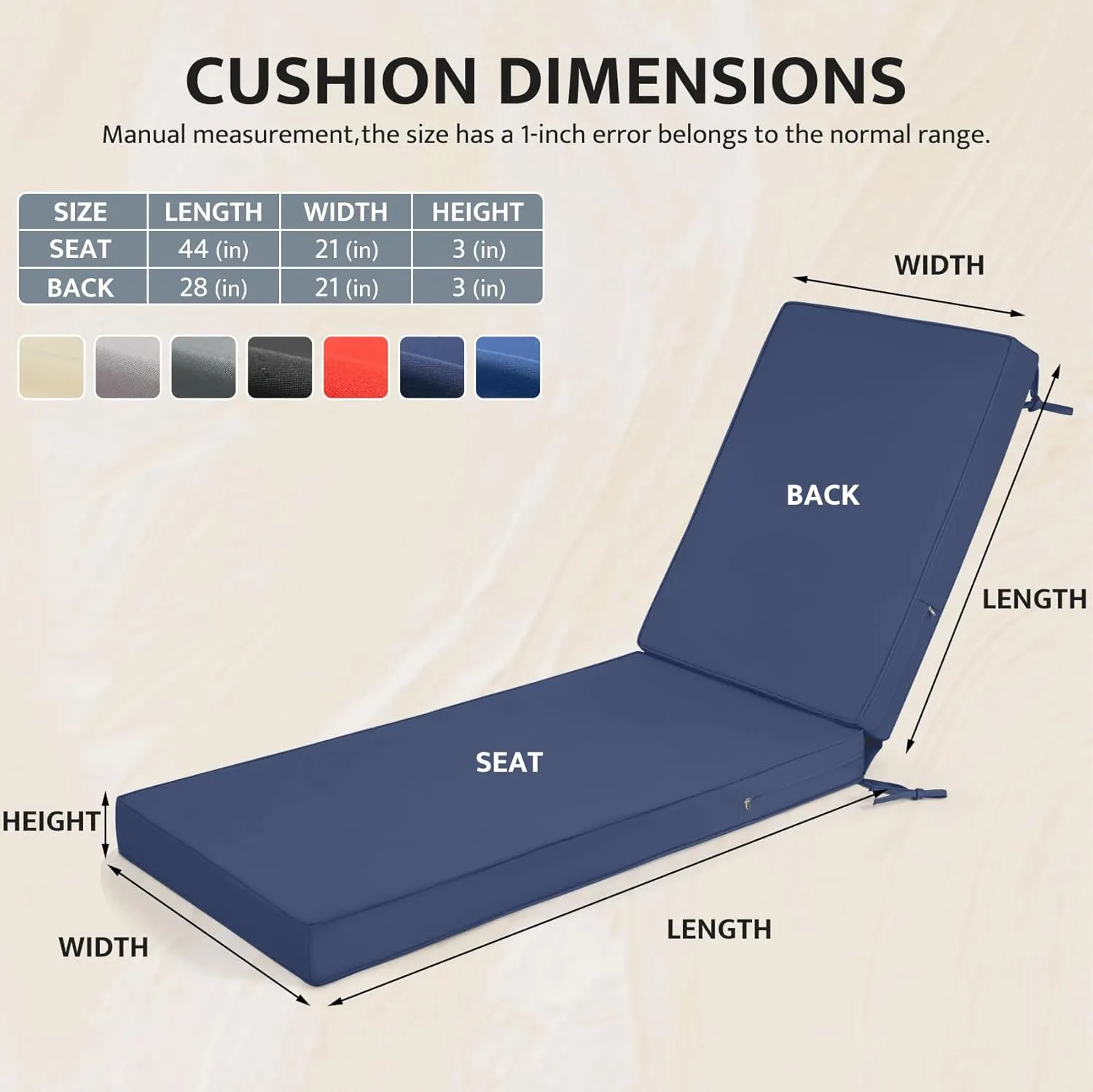 mudilun Lounge Chair Cushion Water Proof Outdoor Lounge Chair Cushions with Ties Non-Slip Chaise Lounge Cushion Removable Patio Seat Cushions for Garden Pool Beach Lounge (Deep Blue)