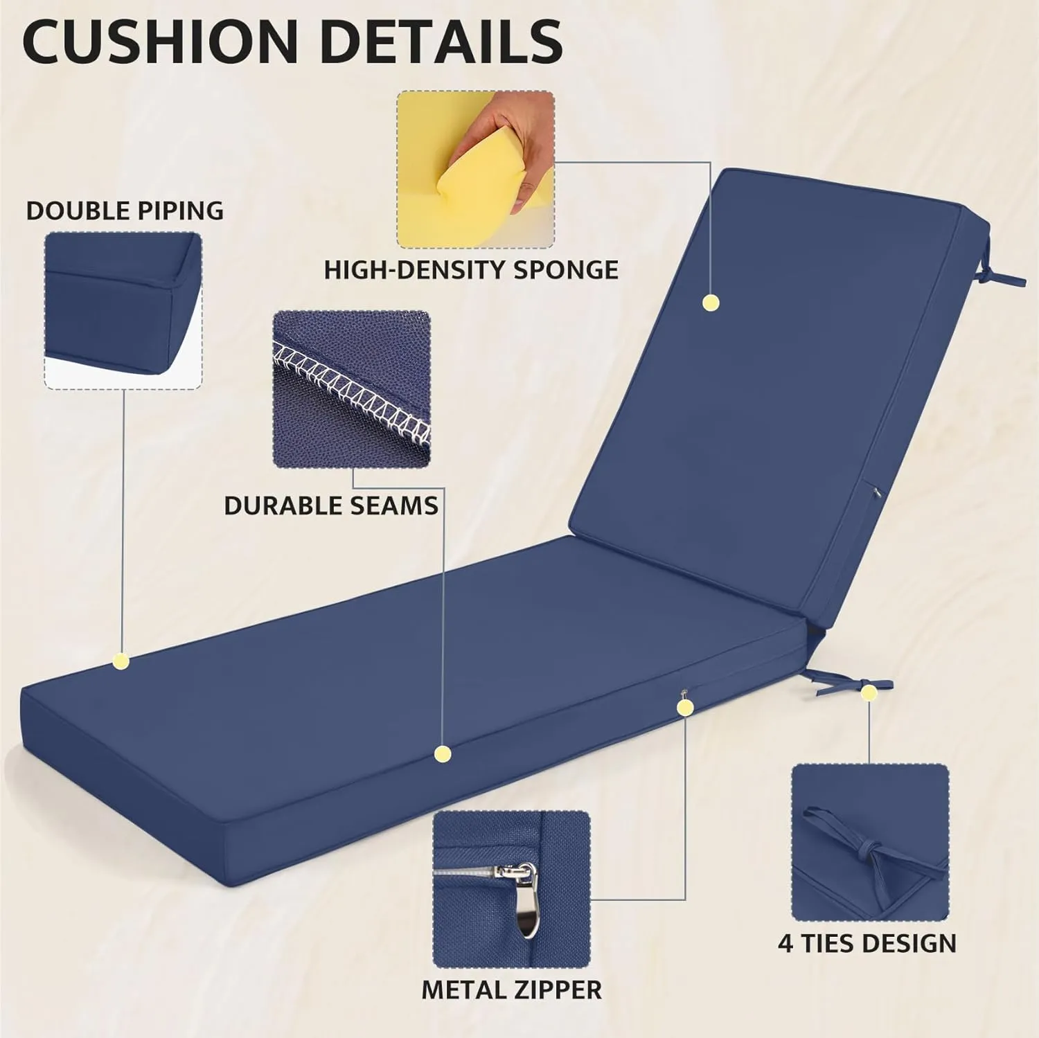 mudilun Lounge Chair Cushion Water Proof Outdoor Lounge Chair Cushions with Ties Non-Slip Chaise Lounge Cushion Removable Patio Seat Cushions for Garden Pool Beach Lounge (Deep Blue)
