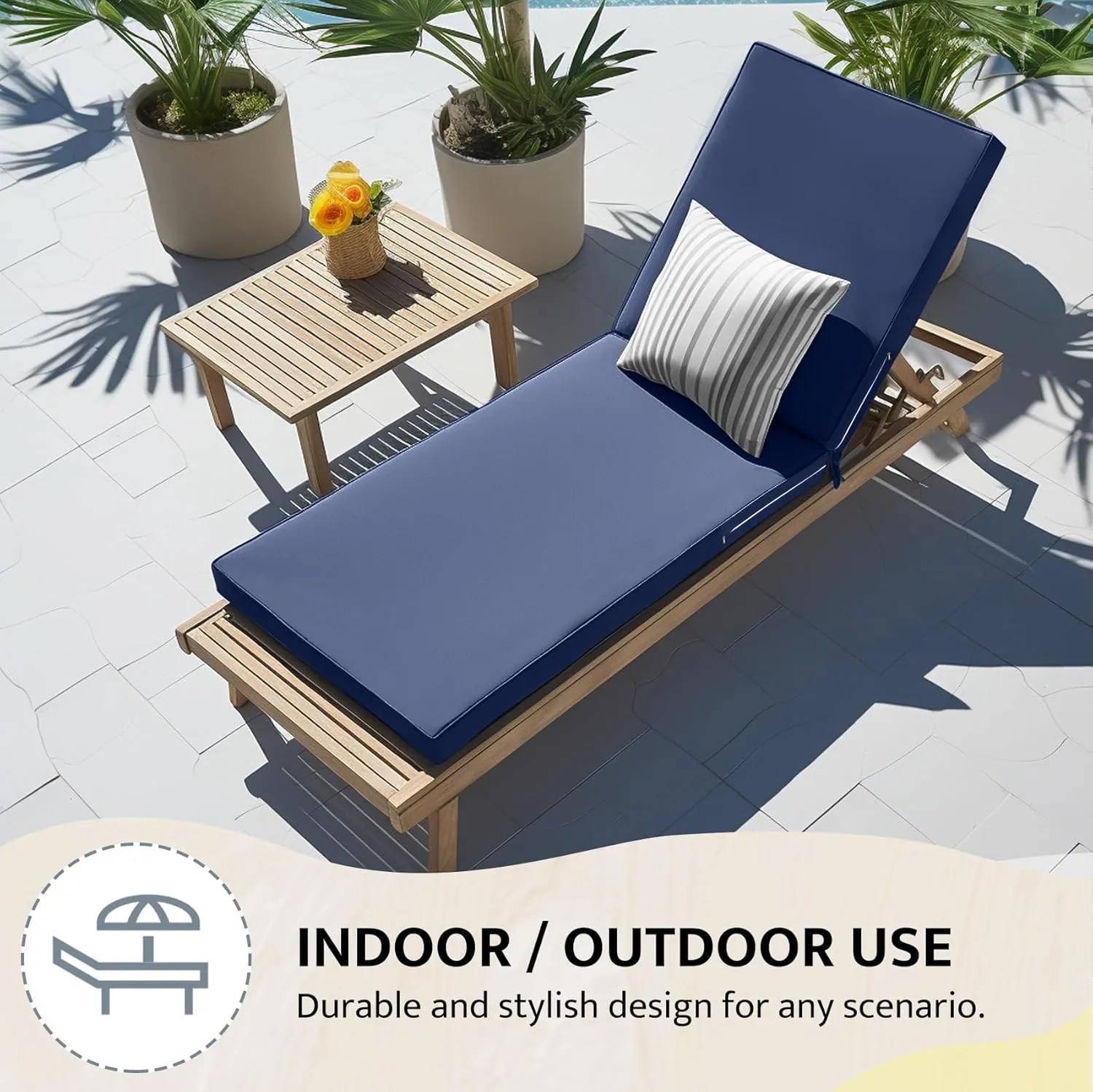 mudilun Lounge Chair Cushion Water Proof Outdoor Lounge Chair Cushions with Ties Non-Slip Chaise Lounge Cushion Removable Patio Seat Cushions for Garden Pool Beach Lounge (Deep Blue)