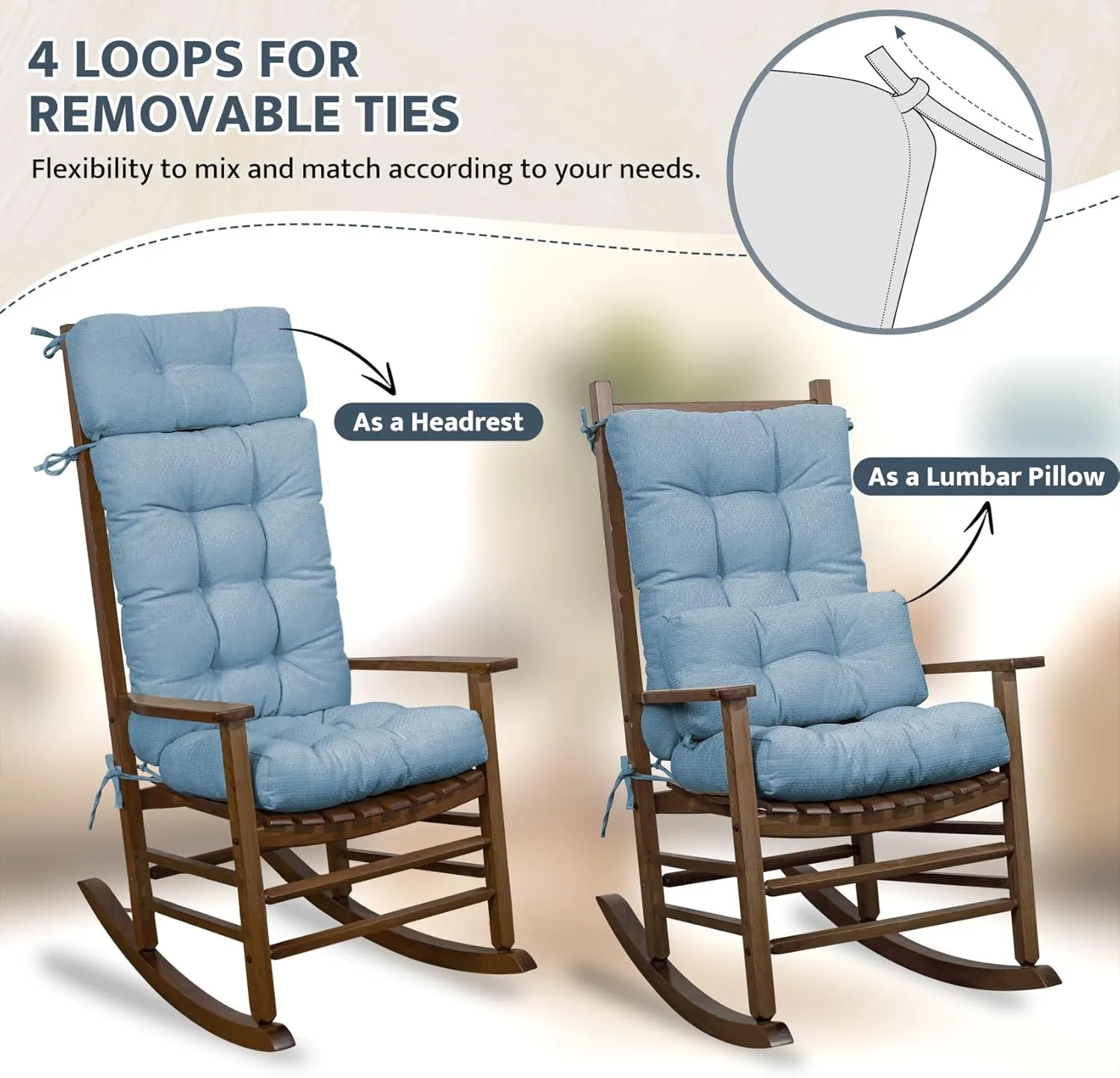 mudilun Rocking Chair Cushion Anti-Slip Tufted High Back Rocking Chair Cushion with Ties and Removable Neck Pillow Rocking Chair Seat Cushions for Bedroom, Living Room, Baby Room, Outdoor Patio Chair
