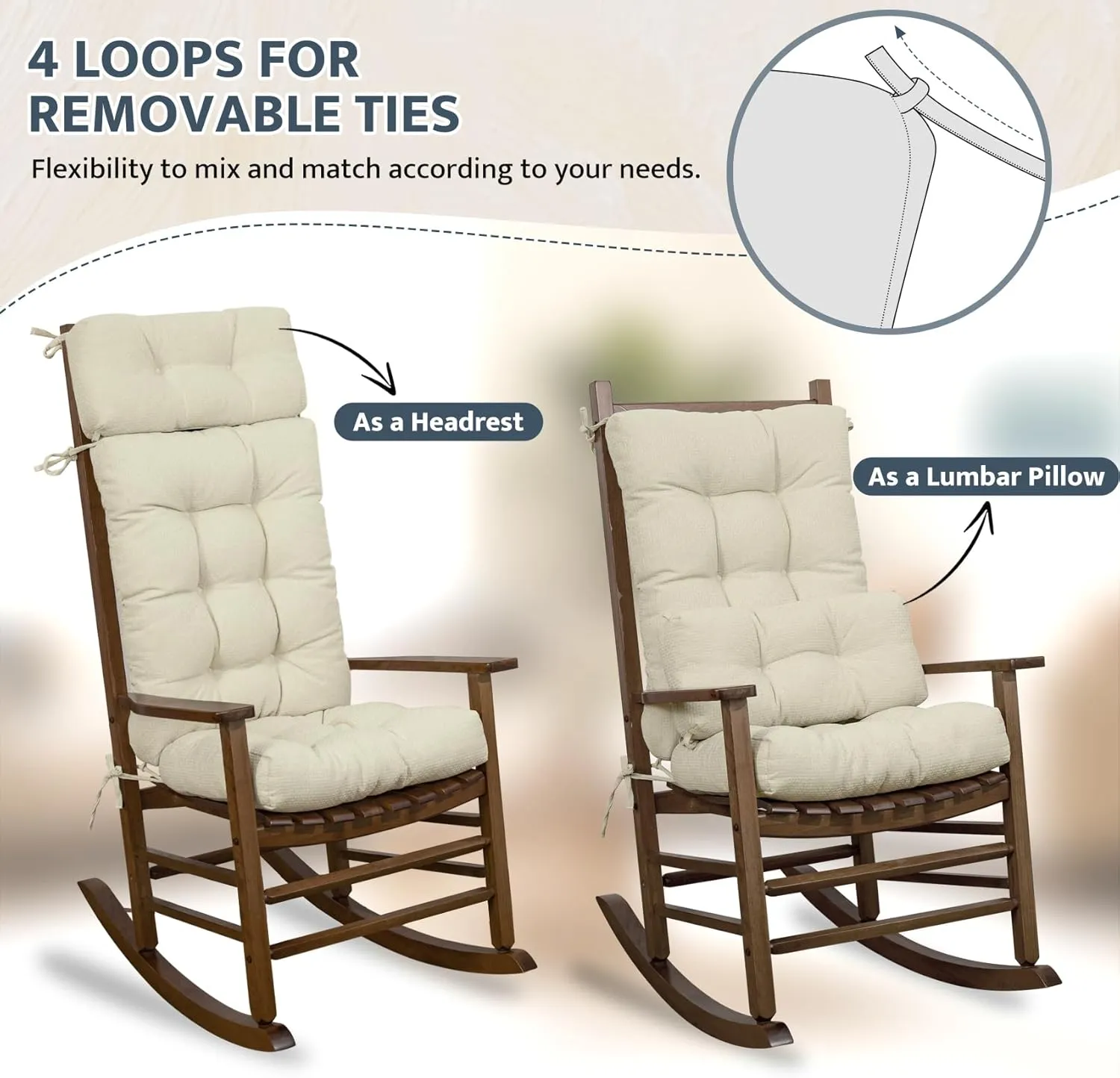 mudilun Rocking Chair Cushion Anti-Slip Tufted High Back Rocking Chair Cushion with Ties and Removable Neck Pillow Rocking Chair Seat Cushions for Bedroom, Living Room, Baby Room, Outdoor Patio Chair