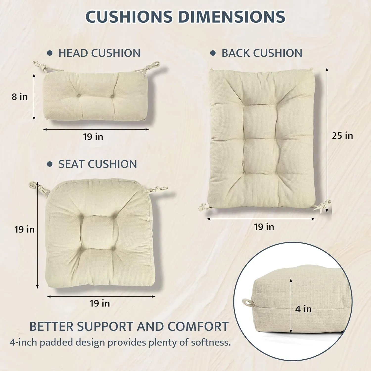 mudilun Rocking Chair Cushion Anti-Slip Tufted High Back Rocking Chair Cushion with Ties and Removable Neck Pillow Rocking Chair Seat Cushions for Bedroom, Living Room, Baby Room, Outdoor Patio Chair