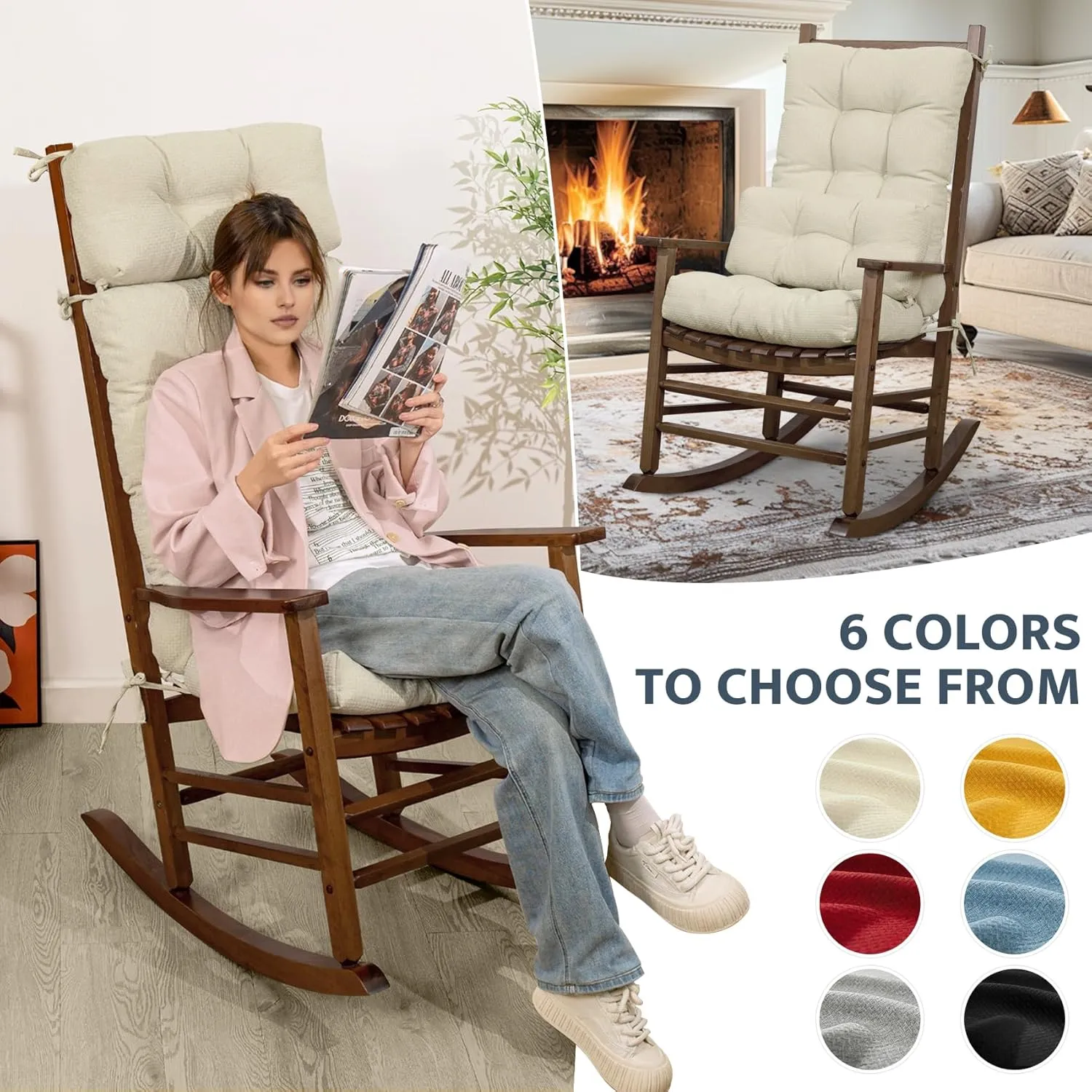mudilun Rocking Chair Cushion Anti-Slip Tufted High Back Rocking Chair Cushion with Ties and Removable Neck Pillow Rocking Chair Seat Cushions for Bedroom, Living Room, Baby Room, Outdoor Patio Chair