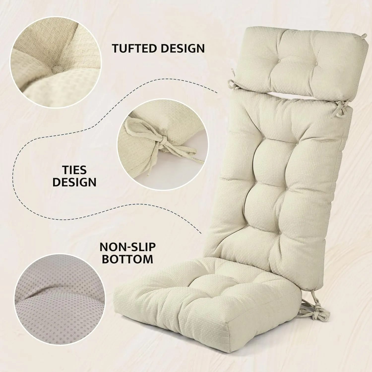mudilun Rocking Chair Cushion Anti-Slip Tufted High Back Rocking Chair Cushion with Ties and Removable Neck Pillow Rocking Chair Seat Cushions for Bedroom, Living Room, Baby Room, Outdoor Patio Chair