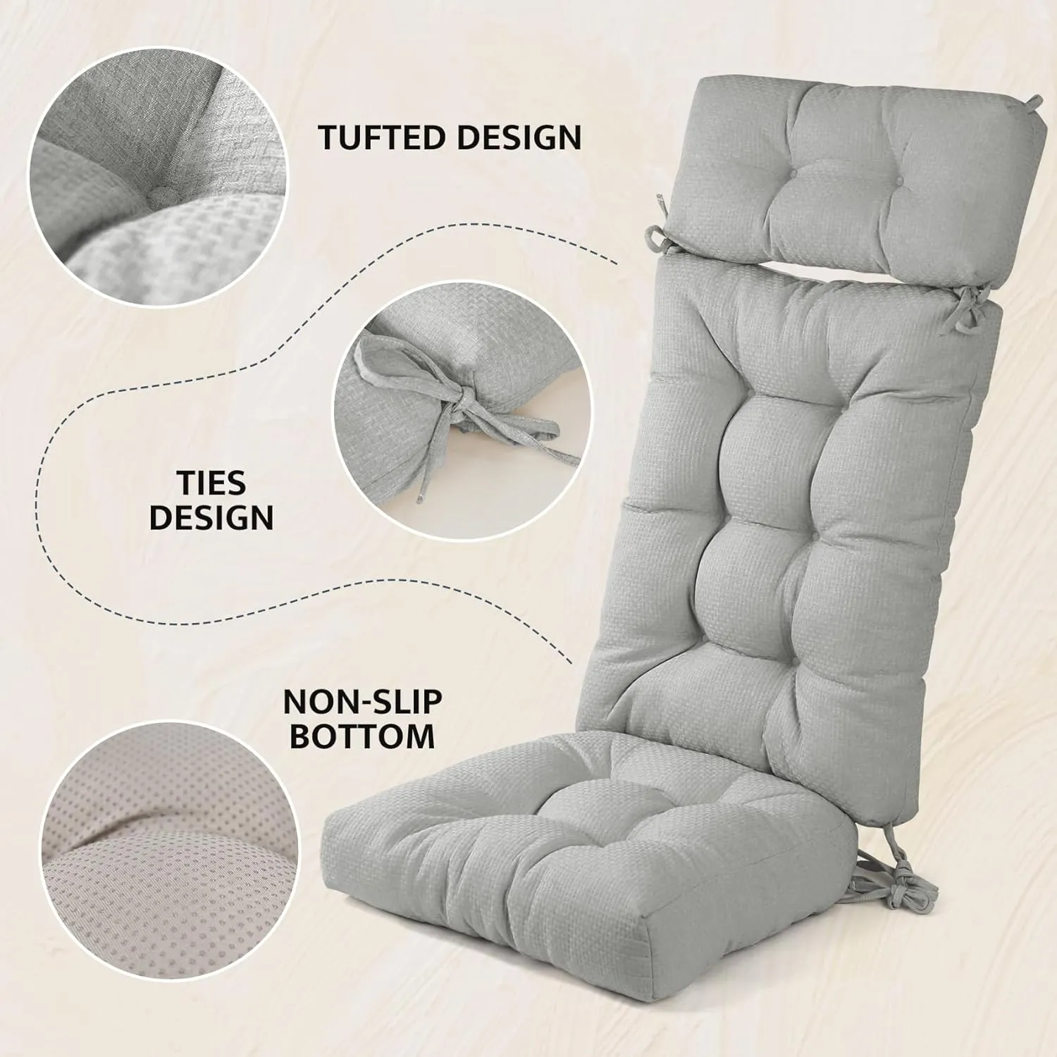 Mudilun Tufted High Back Rocking Chair Cushion with Ties and Removable Neck Pillow - Multi-Purpose Seat Cushions for Bedroom, Living Room, Baby Room, Outdoor Patio