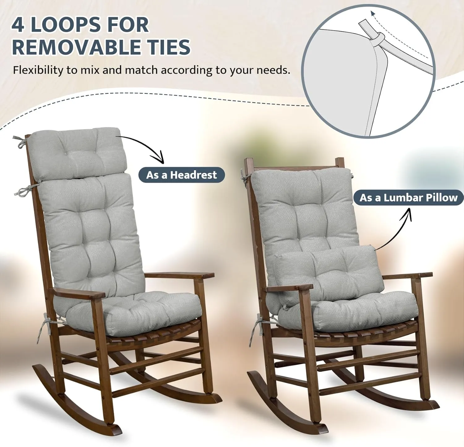 Mudilun Tufted High Back Rocking Chair Cushion with Ties and Removable Neck Pillow - Multi-Purpose Seat Cushions for Bedroom, Living Room, Baby Room, Outdoor Patio