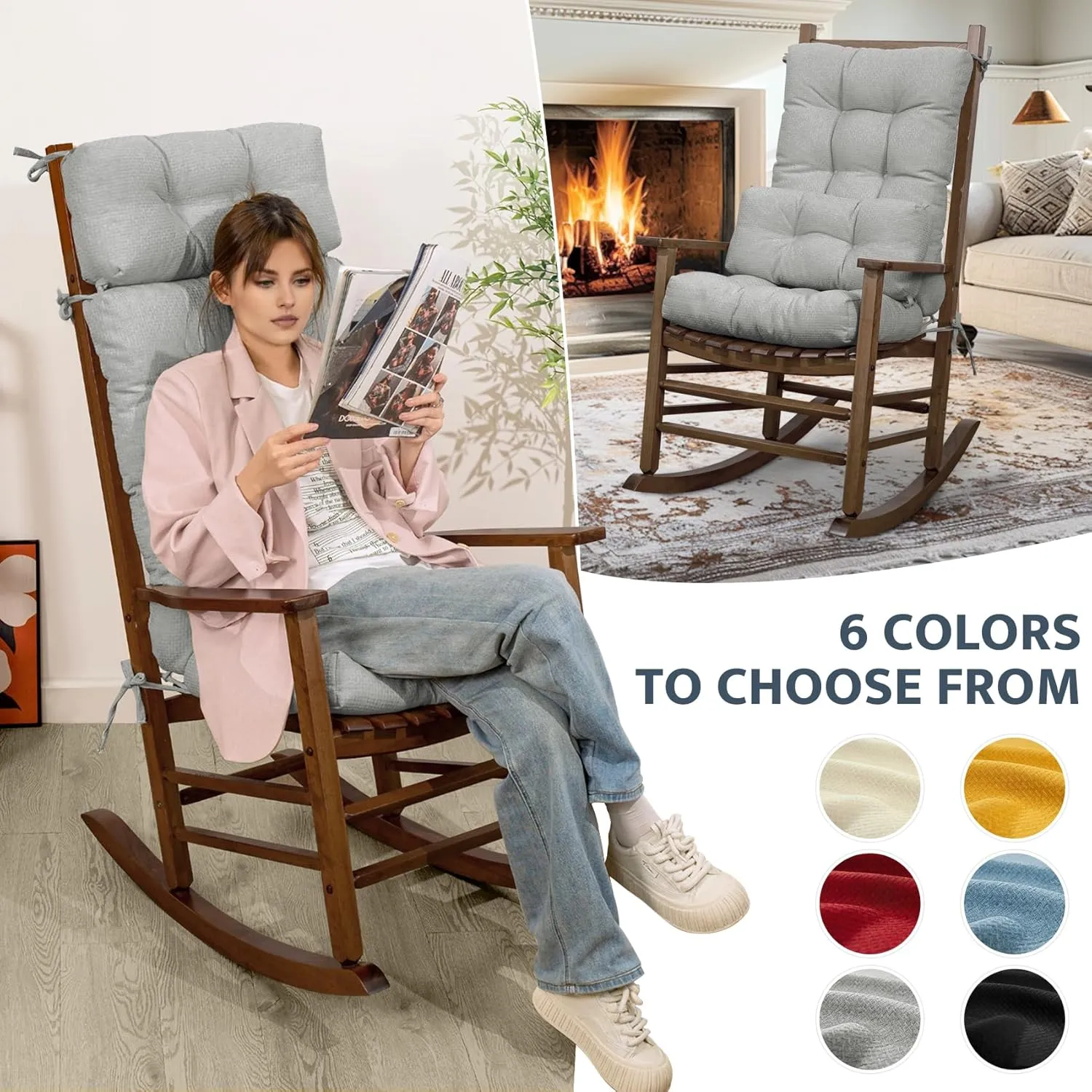 Mudilun Tufted High Back Rocking Chair Cushion with Ties and Removable Neck Pillow - Multi-Purpose Seat Cushions for Bedroom, Living Room, Baby Room, Outdoor Patio