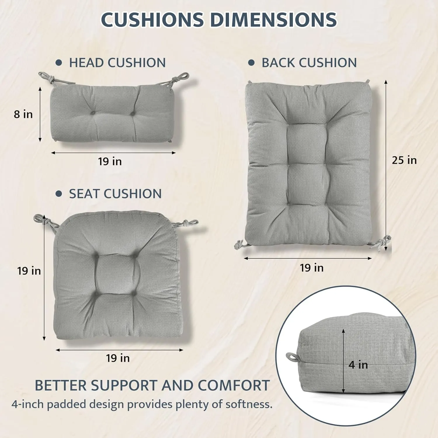 Mudilun Tufted High Back Rocking Chair Cushion with Ties and Removable Neck Pillow - Multi-Purpose Seat Cushions for Bedroom, Living Room, Baby Room, Outdoor Patio