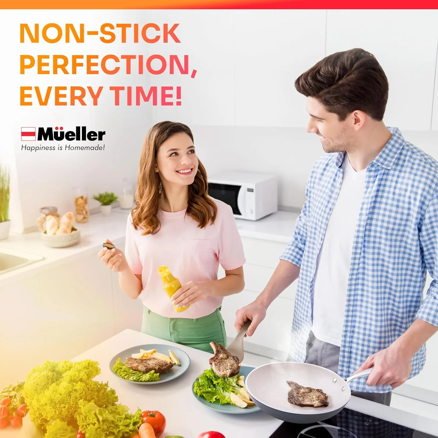 Mueller Frying Pan, Heavy Duty German Stone Coating Non Stick Frying Pans, No PFOA or APEO, Paella Pan, Dishwasher and Oven Safe, Even Heat Distribution, Cool Stainless Steel Handle, Light Grey
