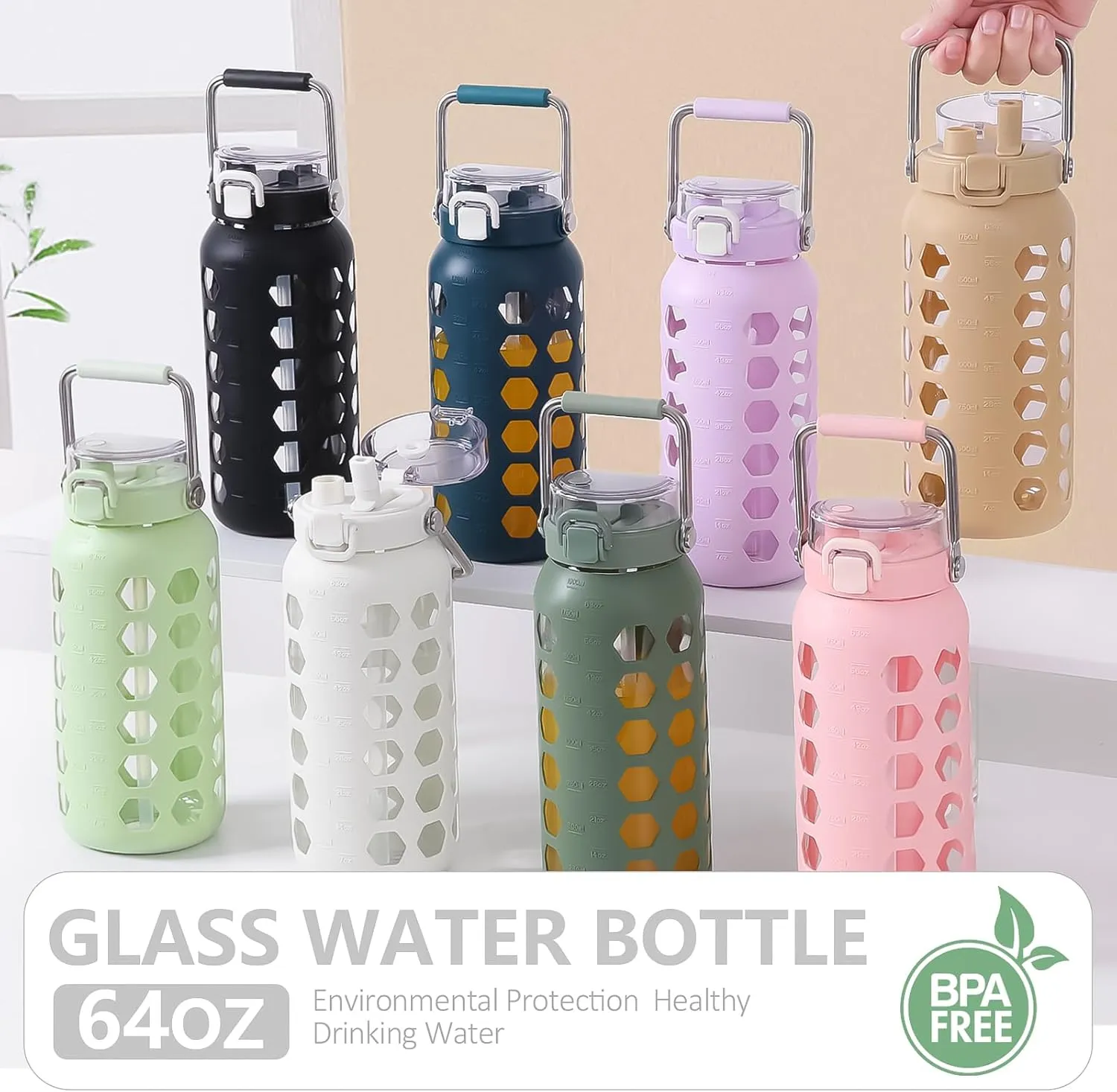 MUKOKO 64oz Glass Water Bottles with Straw and Lid,Half Gallon Water Bottle with Time Marker,Large Glass Water Jug with Silicone Sleeve and Stainless Steel Handle-Purple