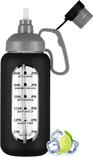MUKOKO 64oz Glass Water Bottles with Straw, Half Gallon Water Jug with Time Marker, Sports Large Motivational Bottle with Silicone Sleeve, Black