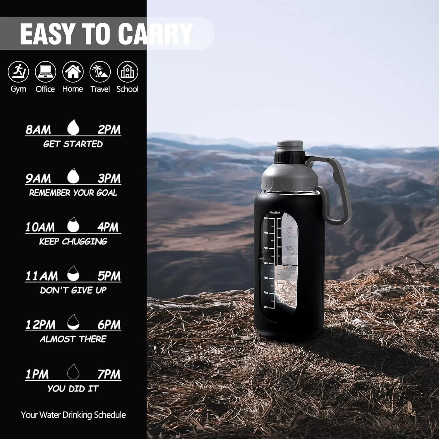 MUKOKO 64oz Glass Water Bottles with Straw, Half Gallon Water Jug with Time Marker, Sports Large Motivational Bottle with Silicone Sleeve, Black