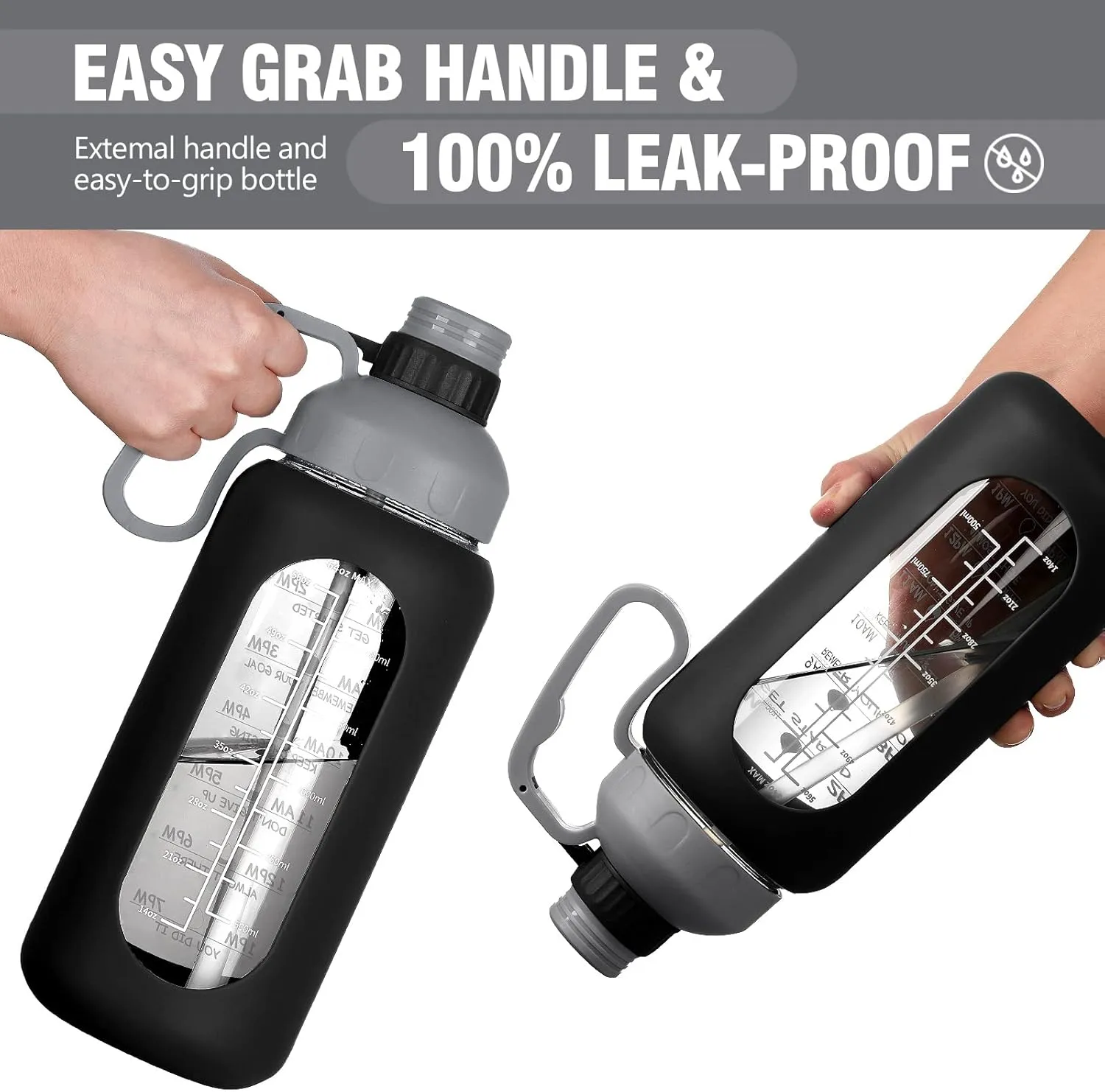 MUKOKO 64oz Glass Water Bottles with Straw, Half Gallon Water Jug with Time Marker, Sports Large Motivational Bottle with Silicone Sleeve, Black