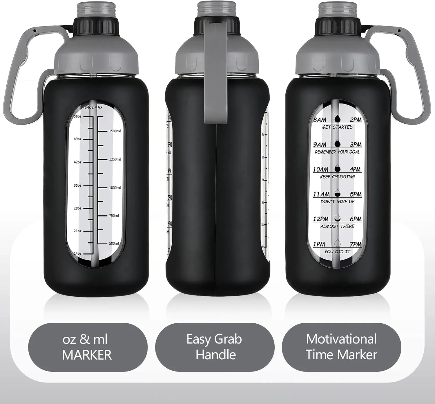 MUKOKO 64oz Glass Water Bottles with Straw, Half Gallon Water Jug with Time Marker, Sports Large Motivational Bottle with Silicone Sleeve, Black