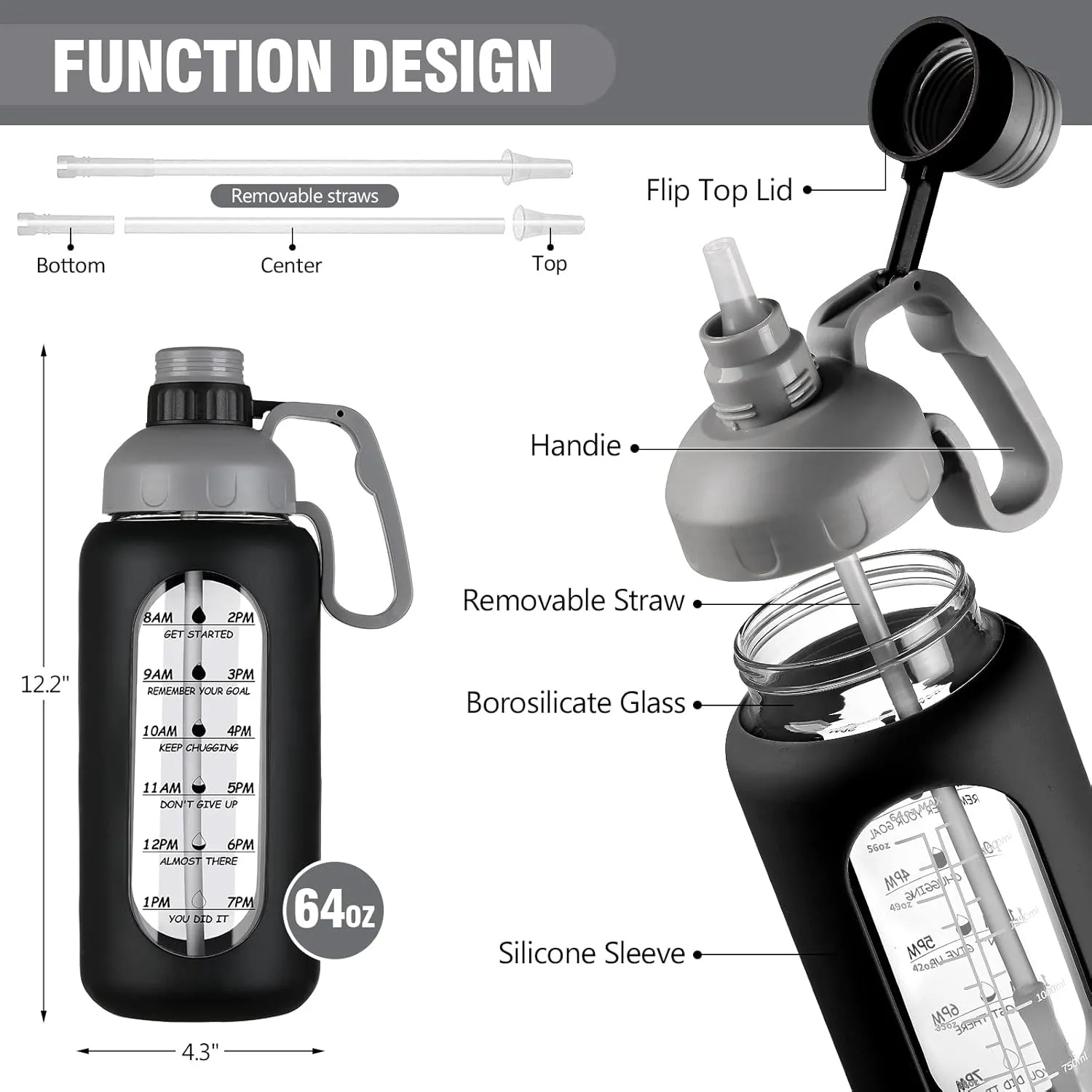 MUKOKO 64oz Glass Water Bottles with Straw, Half Gallon Water Jug with Time Marker, Sports Large Motivational Bottle with Silicone Sleeve, Black