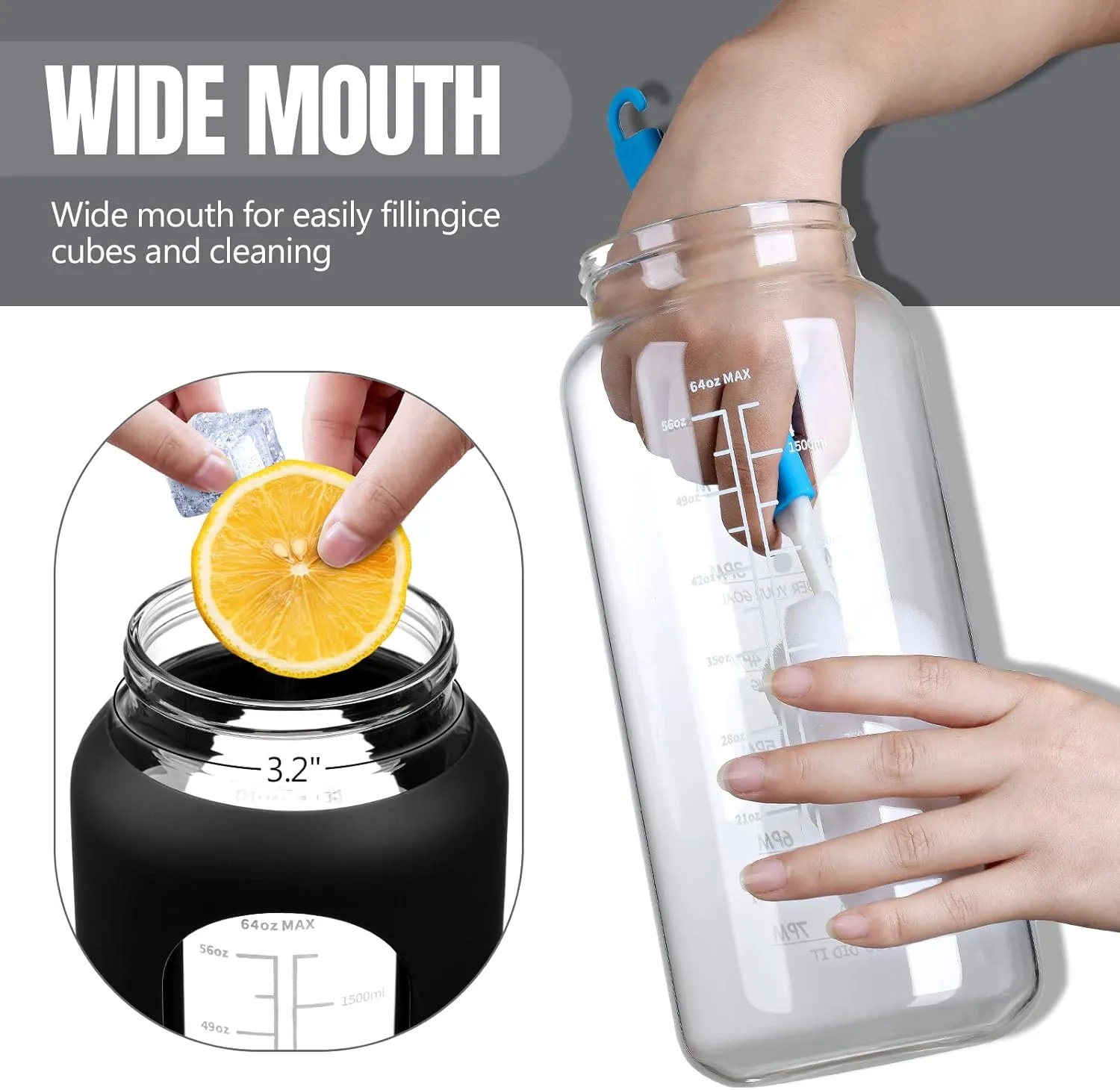 MUKOKO 64oz Glass Water Bottles with Straw, Half Gallon Water Jug with Time Marker, Sports Large Motivational Bottle with Silicone Sleeve, Black