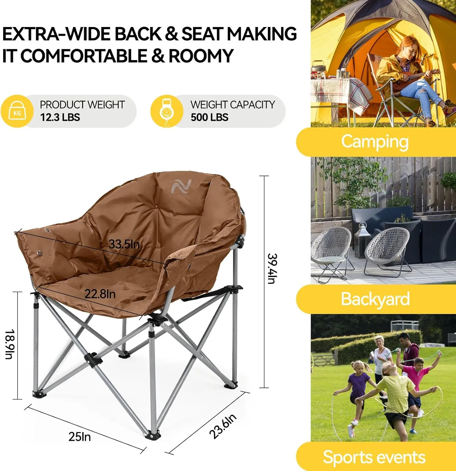 NAIZEA Heated Camping Chair, Oversized Heated Folding Outdoor Chair for Adults with 3 Heat Levels, Portable Foldable Patio Lounge Chair for Sports Outdoors Camp, Battery NOT Included