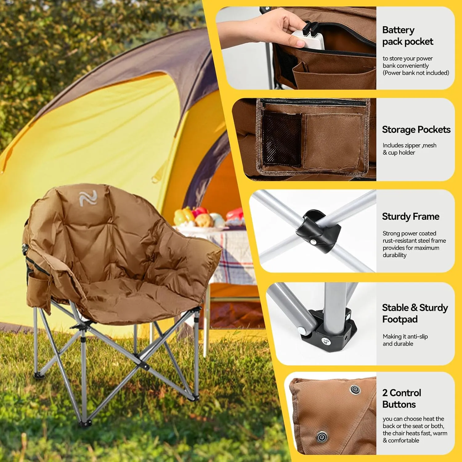 NAIZEA Heated Camping Chair, Oversized Heated Folding Outdoor Chair for Adults with 3 Heat Levels, Portable Foldable Patio Lounge Chair for Sports Outdoors Camp, Battery NOT Included