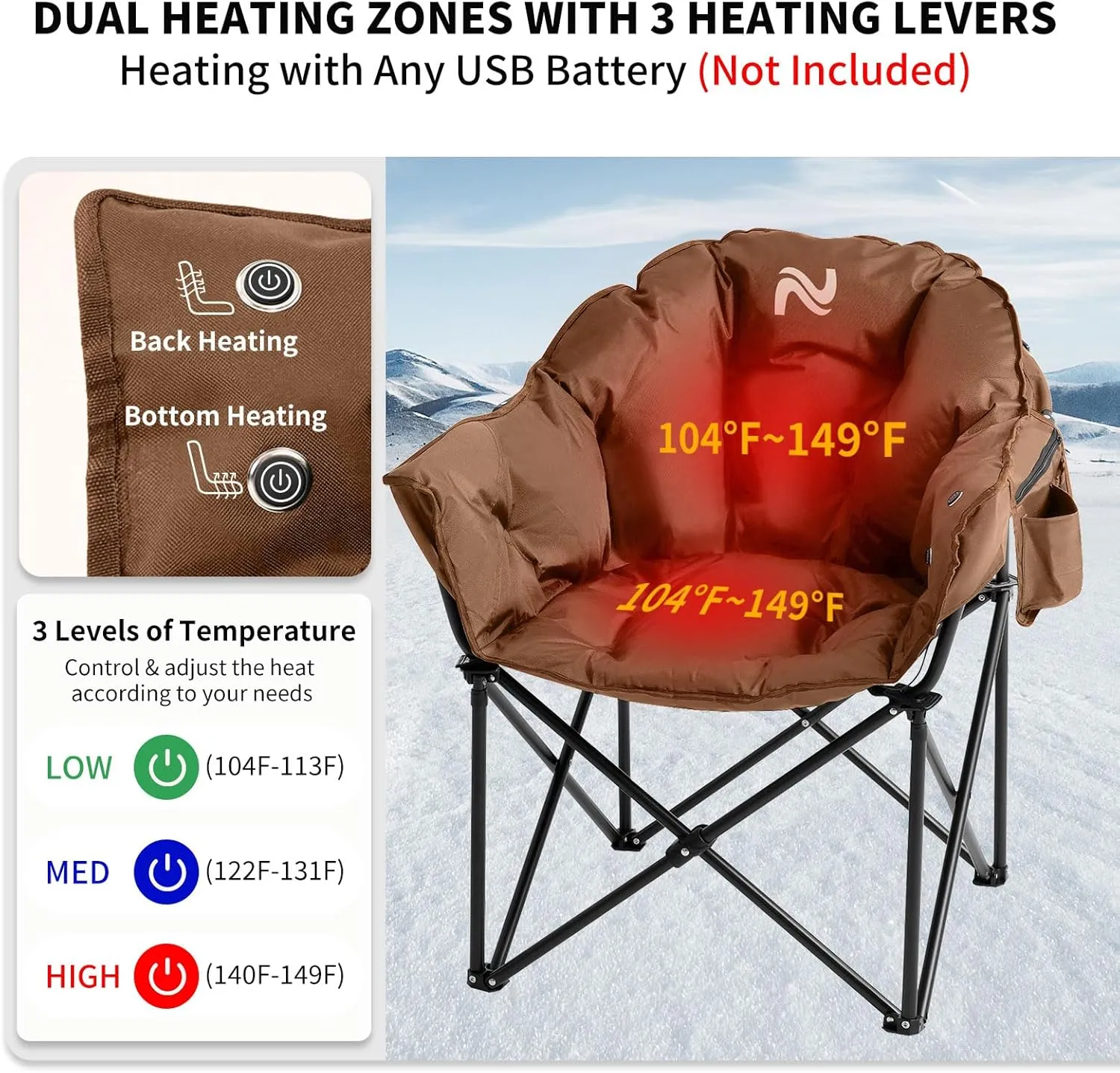 NAIZEA Heated Camping Chair, Oversized Heated Folding Outdoor Chair for Adults with 3 Heat Levels, Portable Foldable Patio Lounge Chair for Sports Outdoors Camp, Battery NOT Included