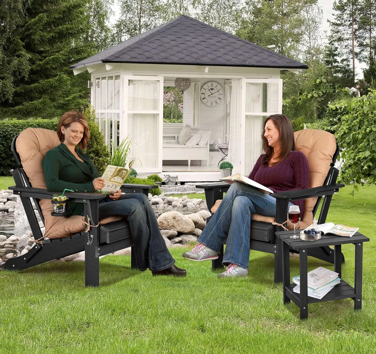 nalone Folding Adirondack Chair with Cushion with Cup Holder, HDPE Plastic Oversized Patio Chair Weather Resistant, Used in Outdoor, Fire Pit, Deck, Outside, Garden, Campfire Chairs (Black)