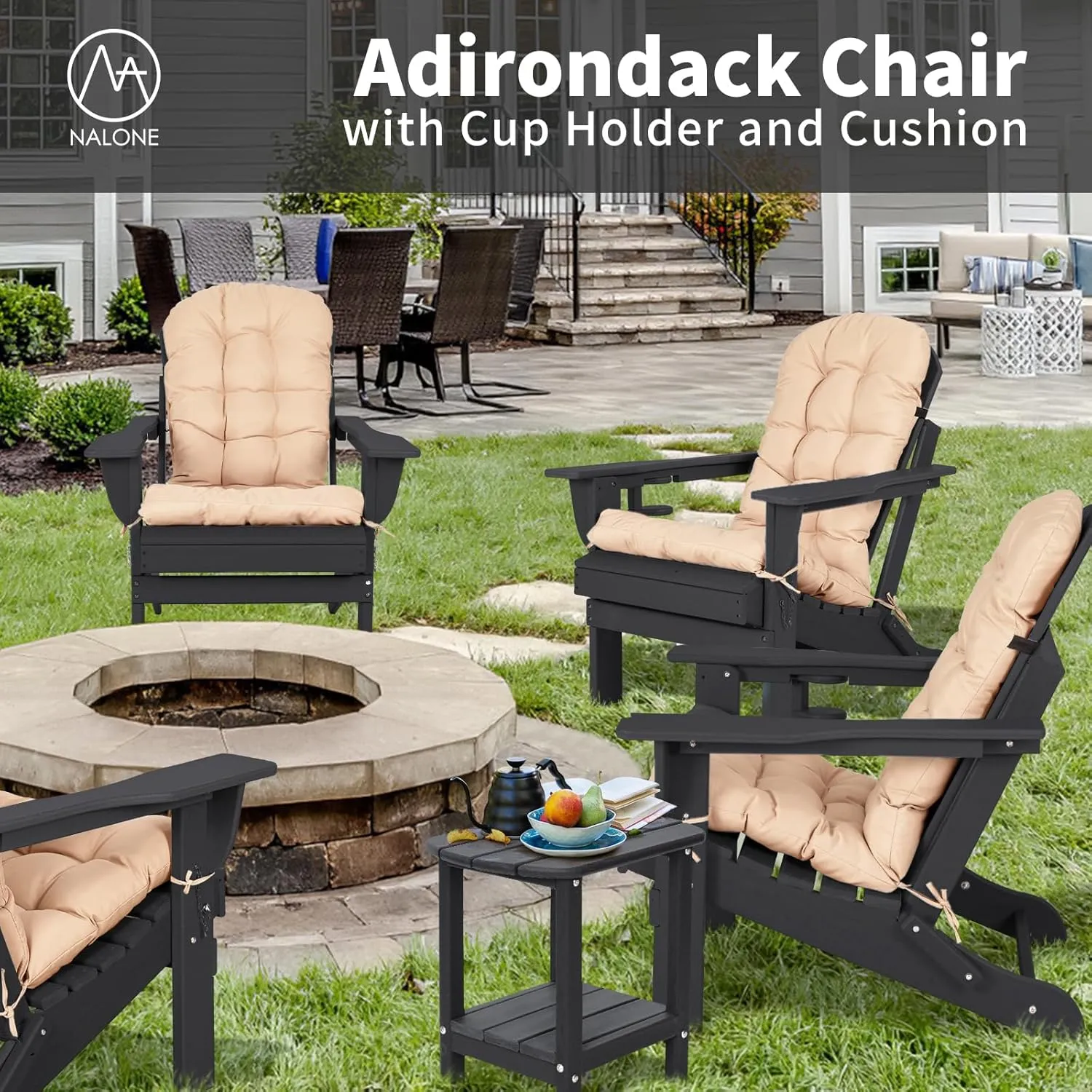 nalone Folding Adirondack Chair with Cushion with Cup Holder, HDPE Plastic Oversized Patio Chair Weather Resistant, Used in Outdoor, Fire Pit, Deck, Outside, Garden, Campfire Chairs (Black)