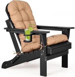 nalone Folding Adirondack Chair with Cushion with Cup Holder, HDPE Plastic Oversized Patio Chair Weather Resistant, Used in Outdoor, Fire Pit, Deck, Outside, Garden, Campfire Chairs (Black)