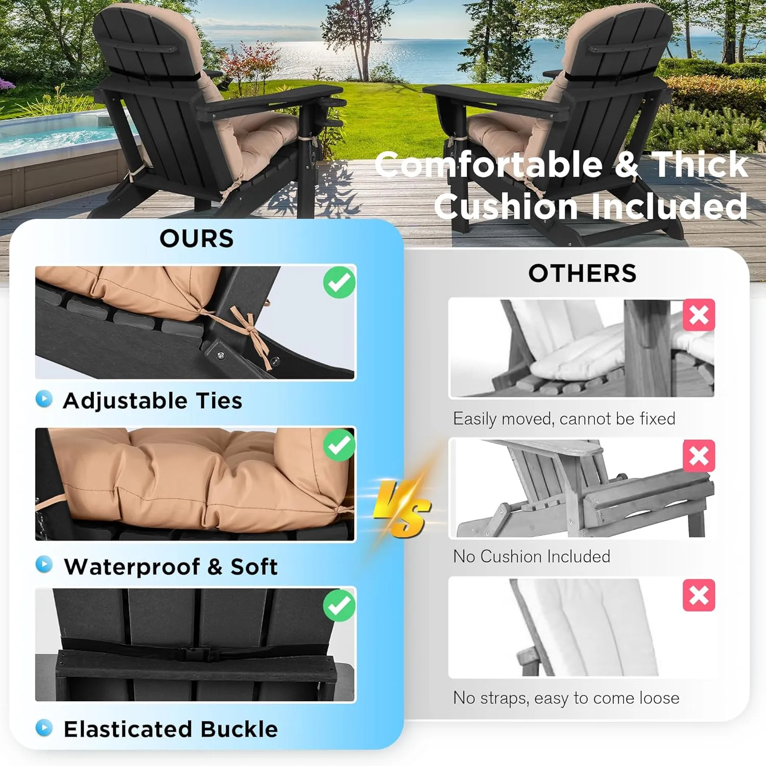 nalone Folding Adirondack Chair with Cushion with Cup Holder, HDPE Plastic Oversized Patio Chair Weather Resistant, Used in Outdoor, Fire Pit, Deck, Outside, Garden, Campfire Chairs (Black)