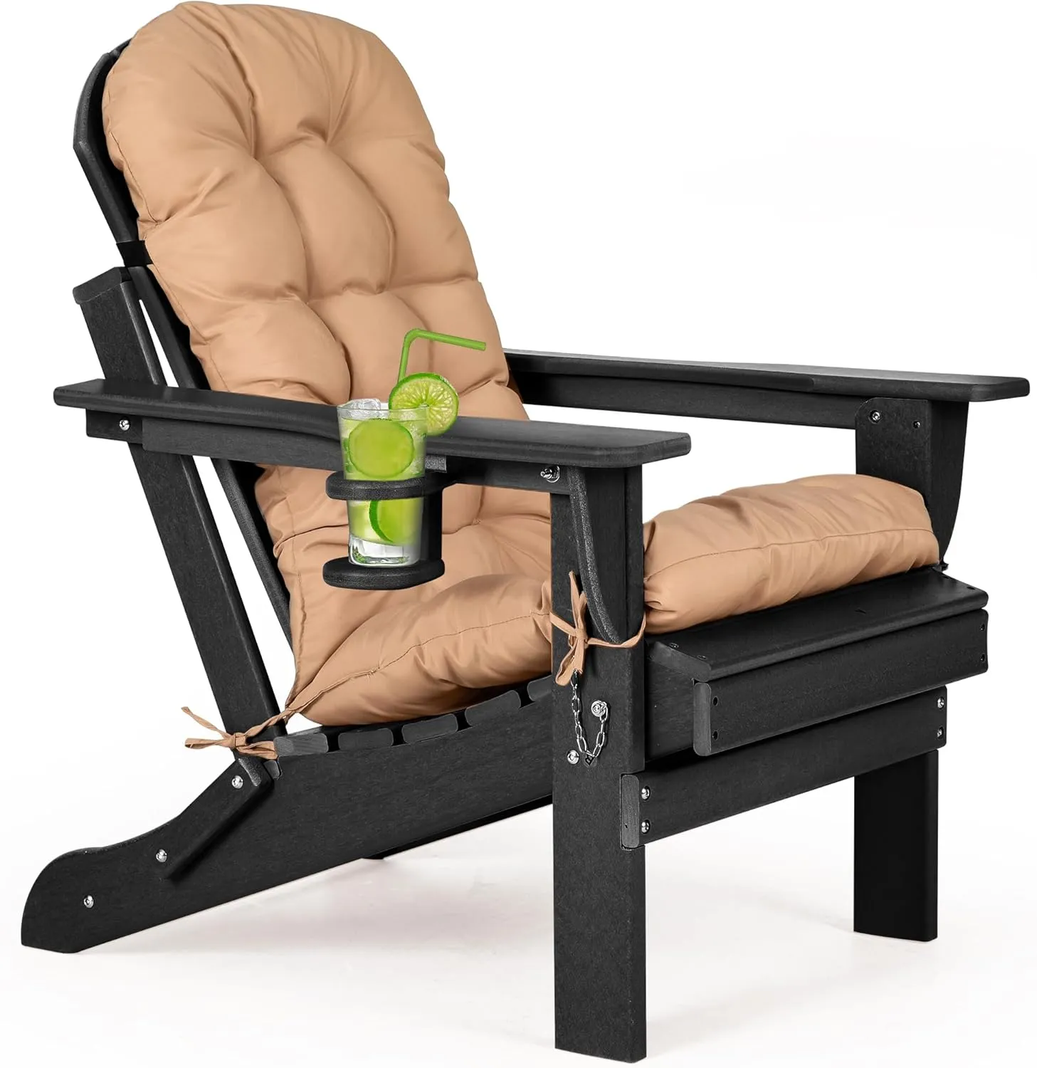 nalone Folding Adirondack Chair with Cushion with Cup Holder, HDPE Plastic Oversized Patio Chair Weather Resistant, Used in Outdoor, Fire Pit, Deck, Outside, Garden, Campfire Chairs (Black)