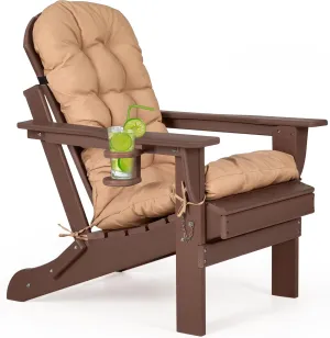 nalone Folding Adirondack Chair with Cushion with Cup Holder, HDPE Plastic Oversized Patio Chair Weather Resistant, Used in Outdoor, Fire Pit, Deck, Outside, Garden, Campfire Chairs (Brown)