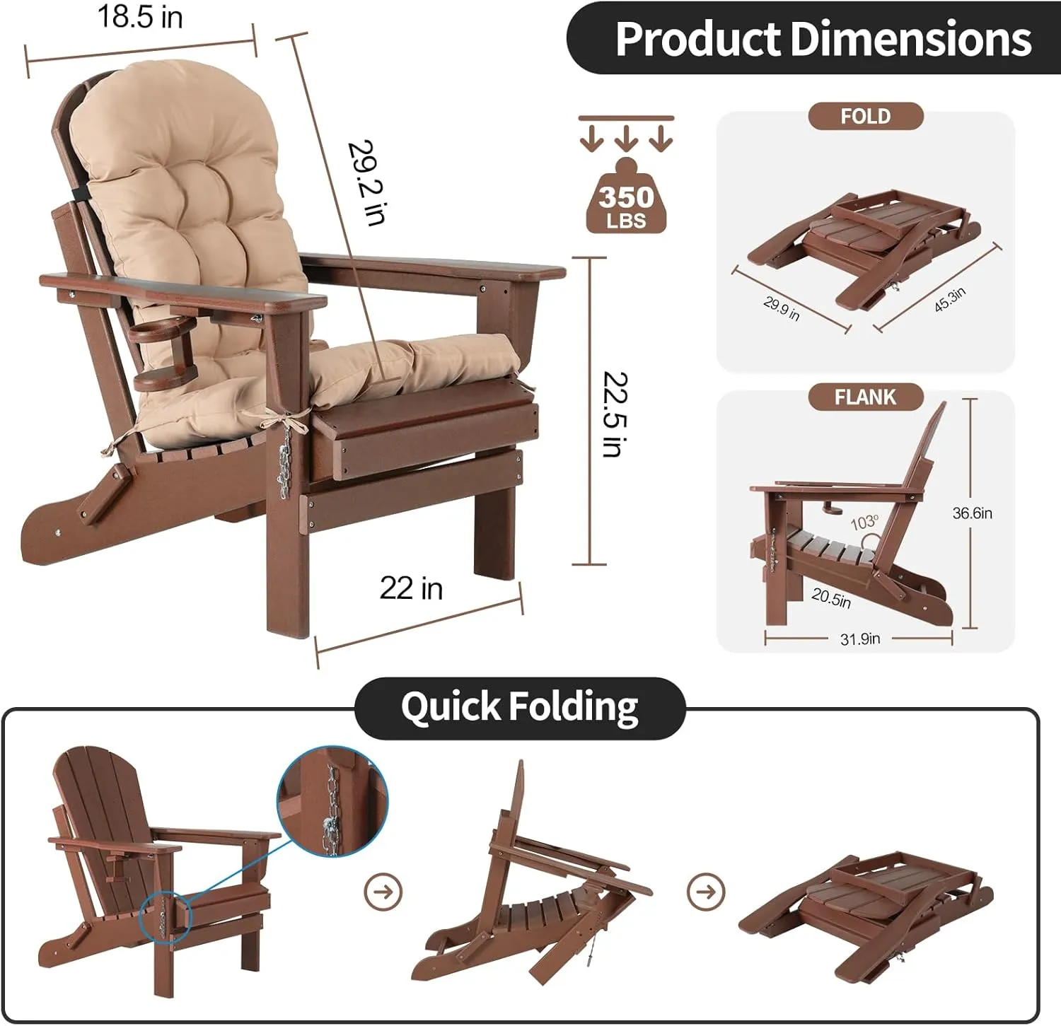 nalone Folding Adirondack Chair with Cushion with Cup Holder, HDPE Plastic Oversized Patio Chair Weather Resistant, Used in Outdoor, Fire Pit, Deck, Outside, Garden, Campfire Chairs (Brown)