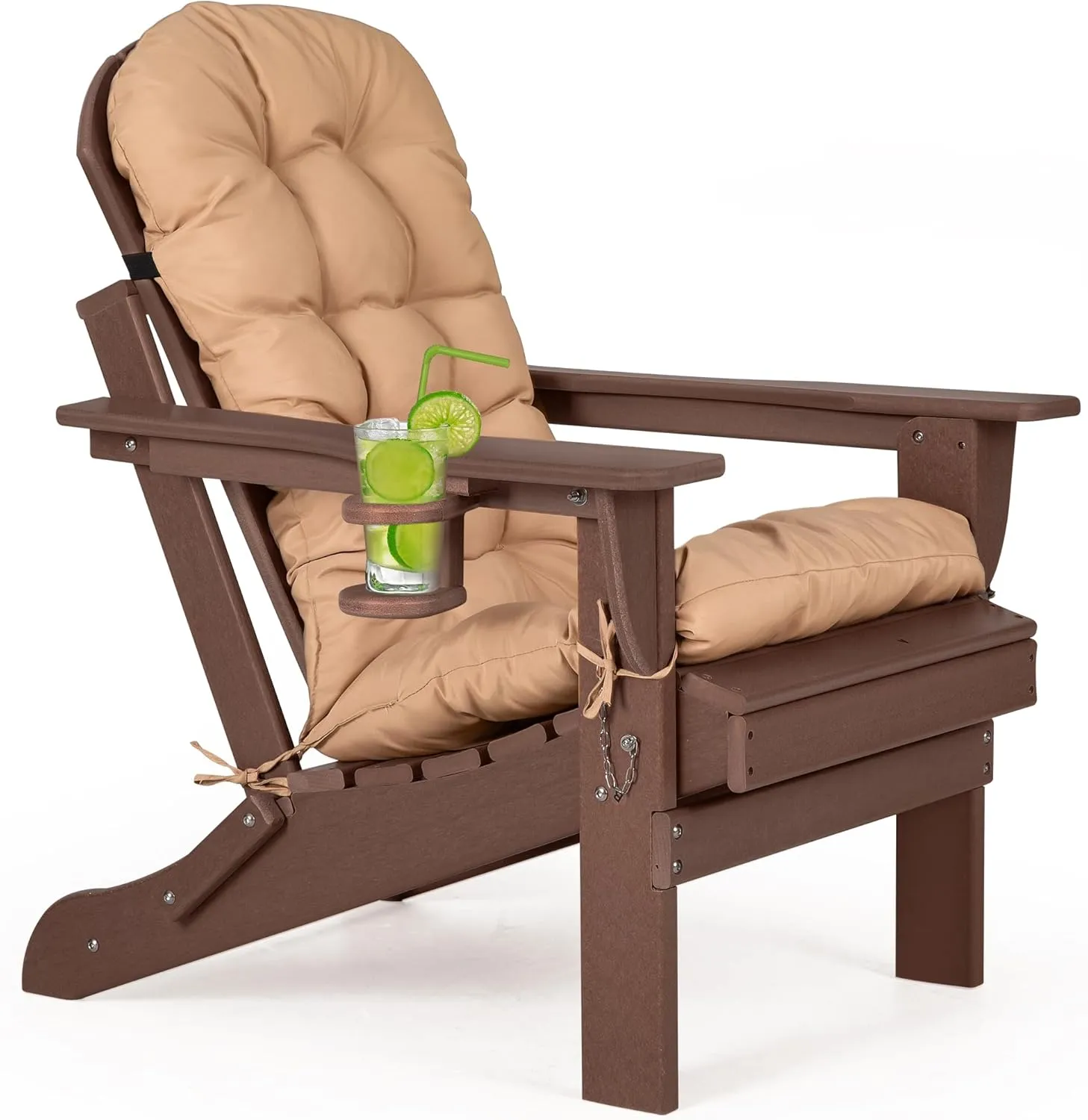 nalone Folding Adirondack Chair with Cushion with Cup Holder, HDPE Plastic Oversized Patio Chair Weather Resistant, Used in Outdoor, Fire Pit, Deck, Outside, Garden, Campfire Chairs (Brown)