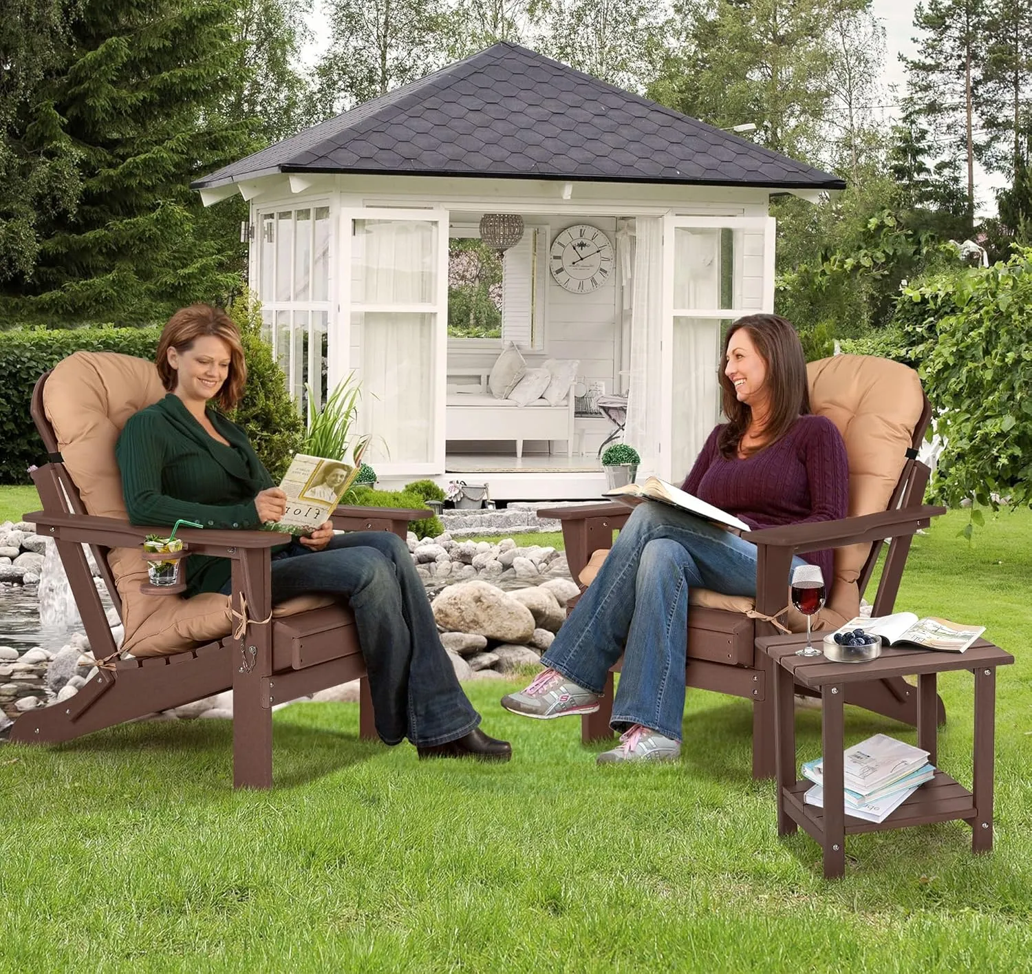 nalone Folding Adirondack Chair with Cushion with Cup Holder, HDPE Plastic Oversized Patio Chair Weather Resistant, Used in Outdoor, Fire Pit, Deck, Outside, Garden, Campfire Chairs (Brown)
