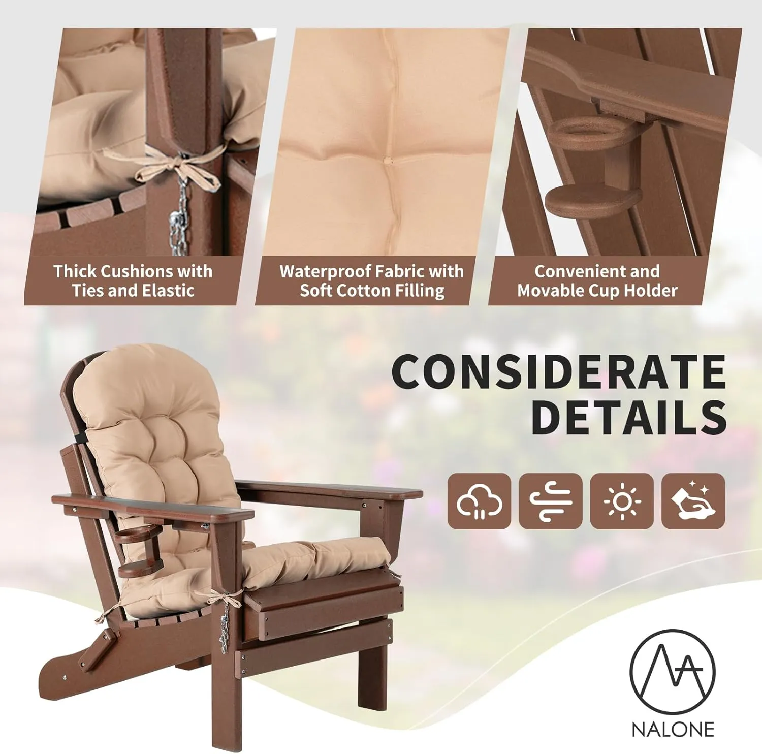nalone Folding Adirondack Chair with Cushion with Cup Holder, HDPE Plastic Oversized Patio Chair Weather Resistant, Used in Outdoor, Fire Pit, Deck, Outside, Garden, Campfire Chairs (Brown)