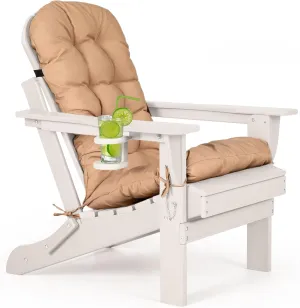 nalone Folding Adirondack Chair with Cushion with Cup Holder, HDPE Plastic Oversized Patio Chair Weather Resistant, Used in Outdoor, Fire Pit, Deck, Outside, Garden, Campfire Chairs (White)
