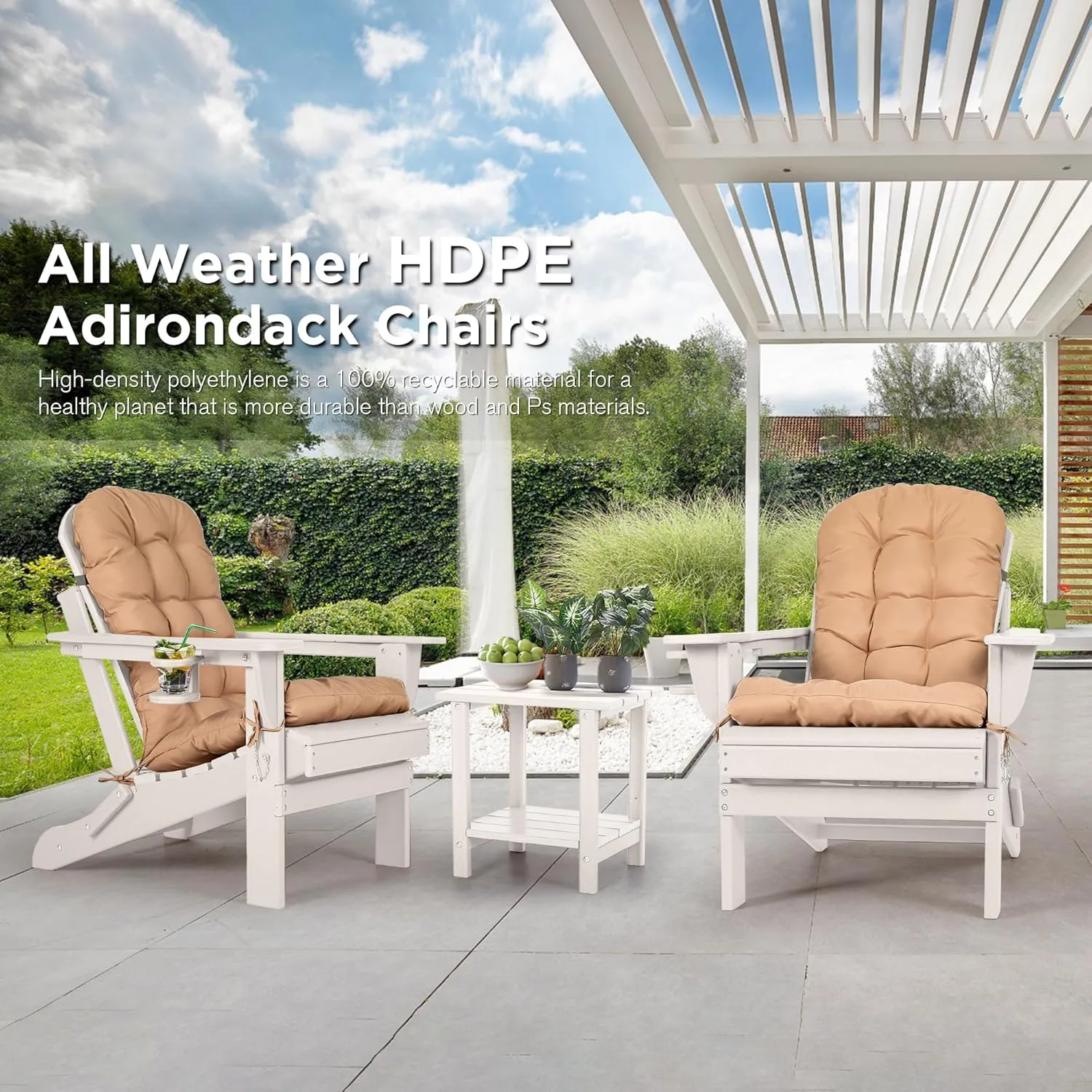 nalone Folding Adirondack Chair with Cushion with Cup Holder, HDPE Plastic Oversized Patio Chair Weather Resistant, Used in Outdoor, Fire Pit, Deck, Outside, Garden, Campfire Chairs (White)