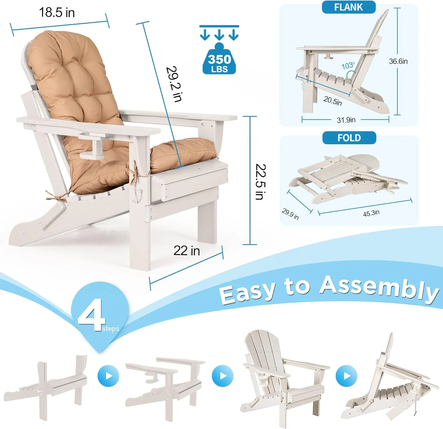 nalone Folding Adirondack Chair with Cushion with Cup Holder, HDPE Plastic Oversized Patio Chair Weather Resistant, Used in Outdoor, Fire Pit, Deck, Outside, Garden, Campfire Chairs (White)
