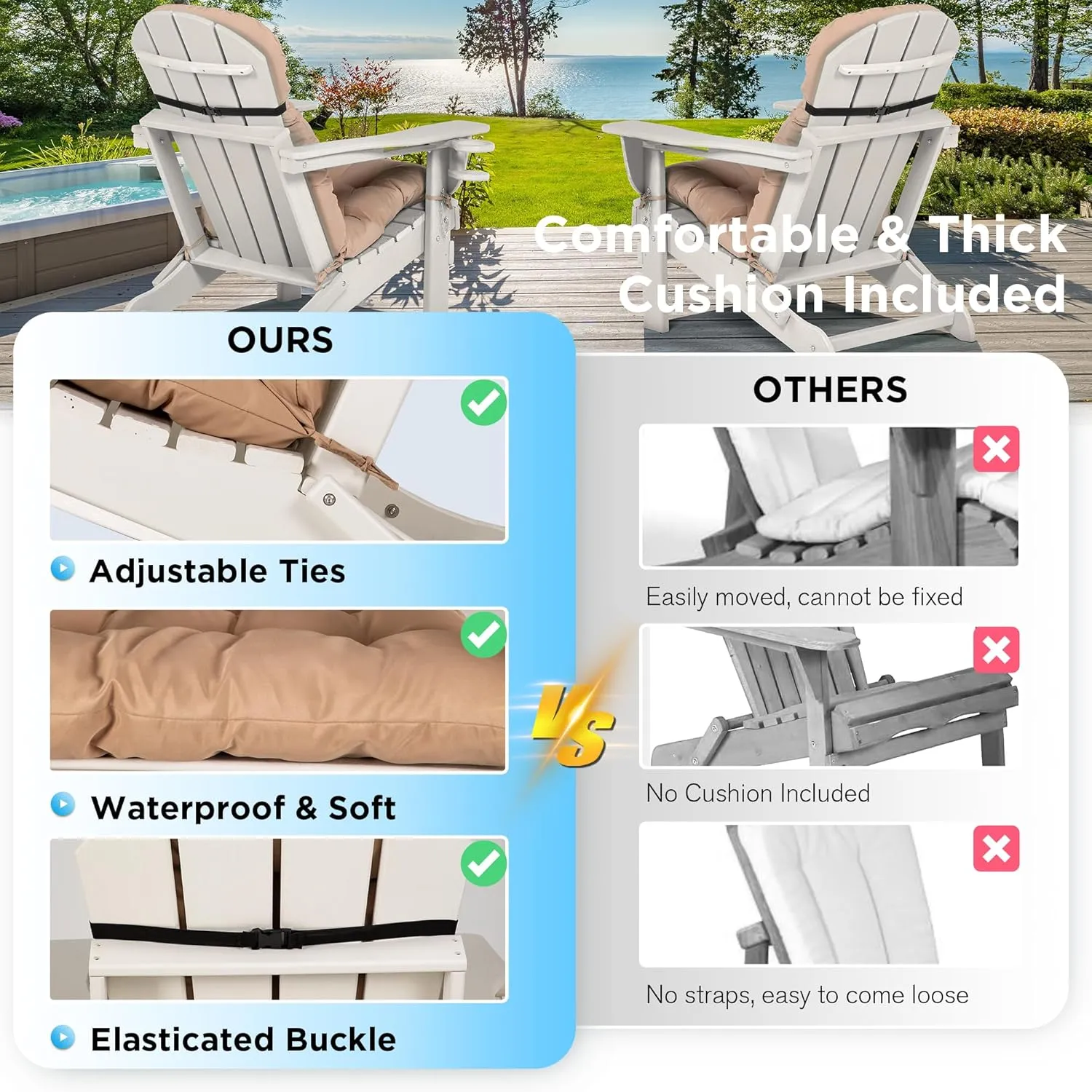 nalone Folding Adirondack Chair with Cushion with Cup Holder, HDPE Plastic Oversized Patio Chair Weather Resistant, Used in Outdoor, Fire Pit, Deck, Outside, Garden, Campfire Chairs (White)