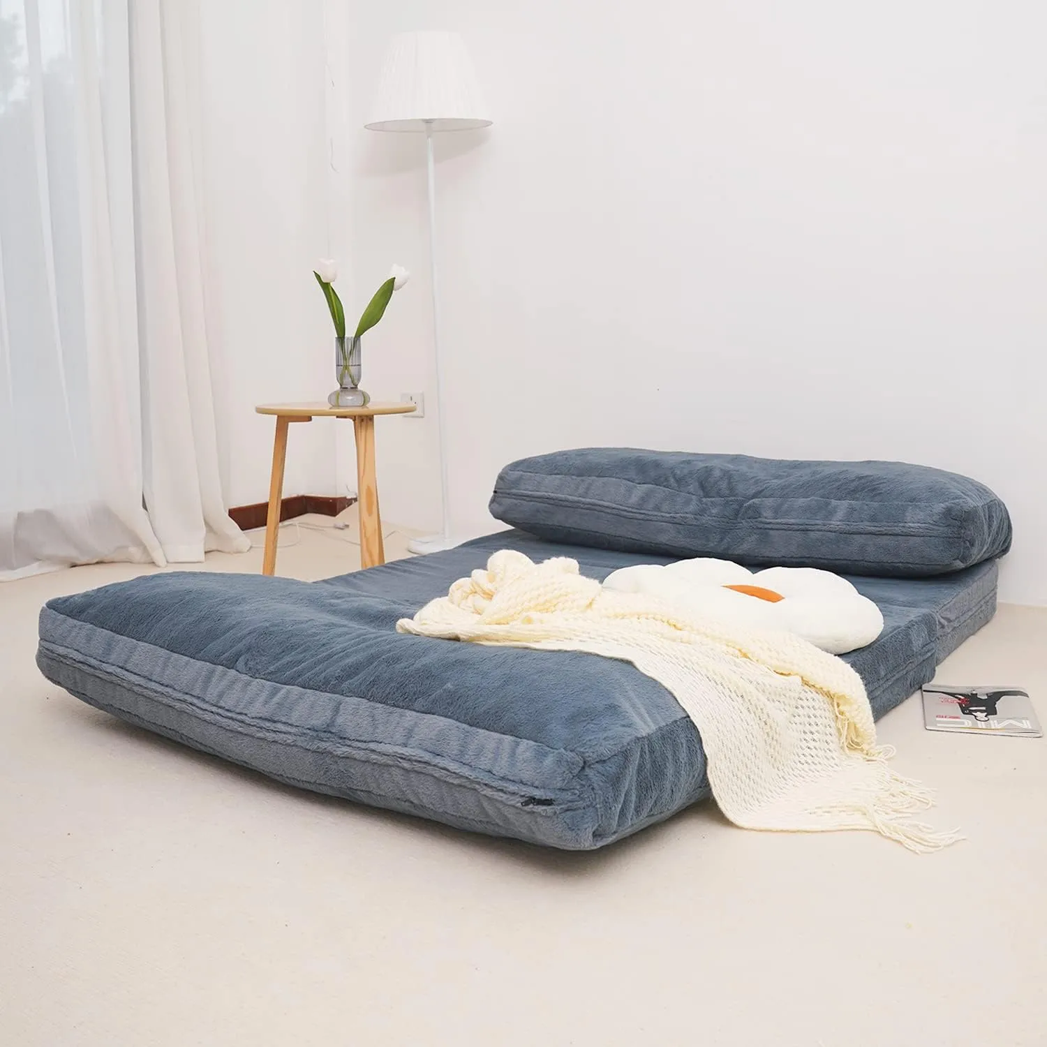 N&V Folding Matress Sofa Bean Bag Bed, Foam Filling Folding Matress Sofa, Includes Removable and Machine Washable Cover, Soft Premium Faux Fur (Medium, Blue)