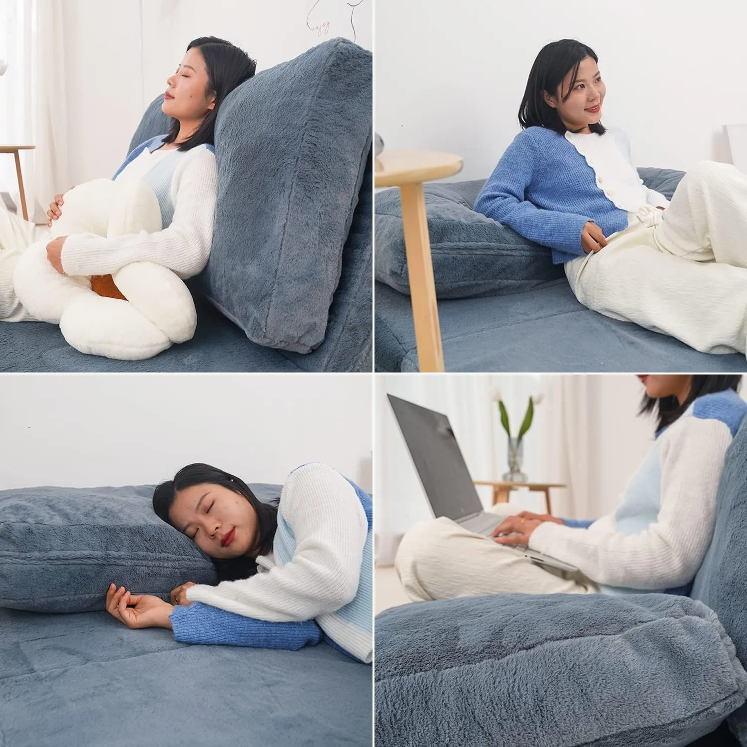 N&V Folding Matress Sofa Bean Bag Bed, Foam Filling Folding Matress Sofa, Includes Removable and Machine Washable Cover, Soft Premium Faux Fur (Medium, Blue)
