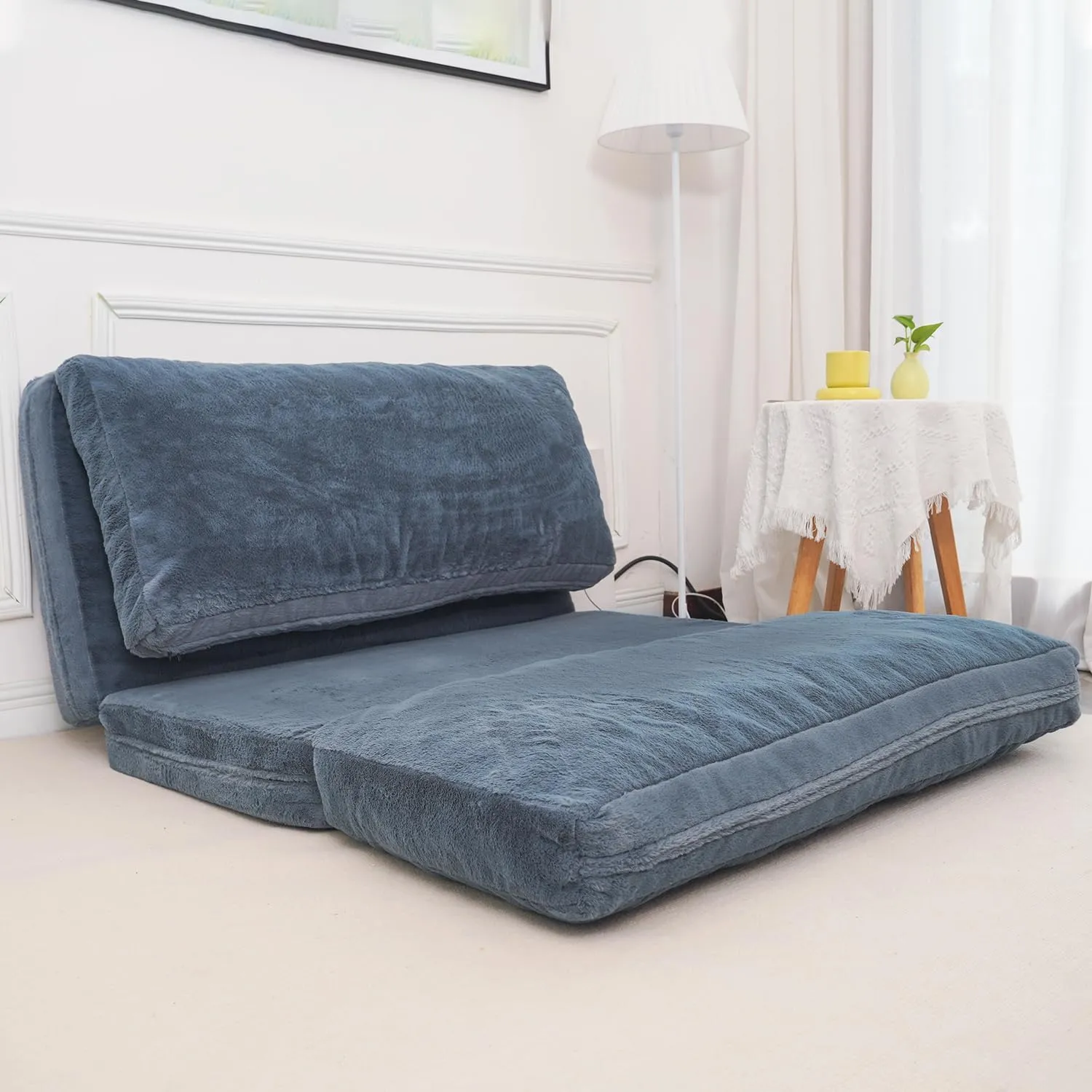 N&V Folding Matress Sofa Bean Bag Bed, Foam Filling Folding Matress Sofa, Includes Removable and Machine Washable Cover, Soft Premium Faux Fur (Medium, Blue)